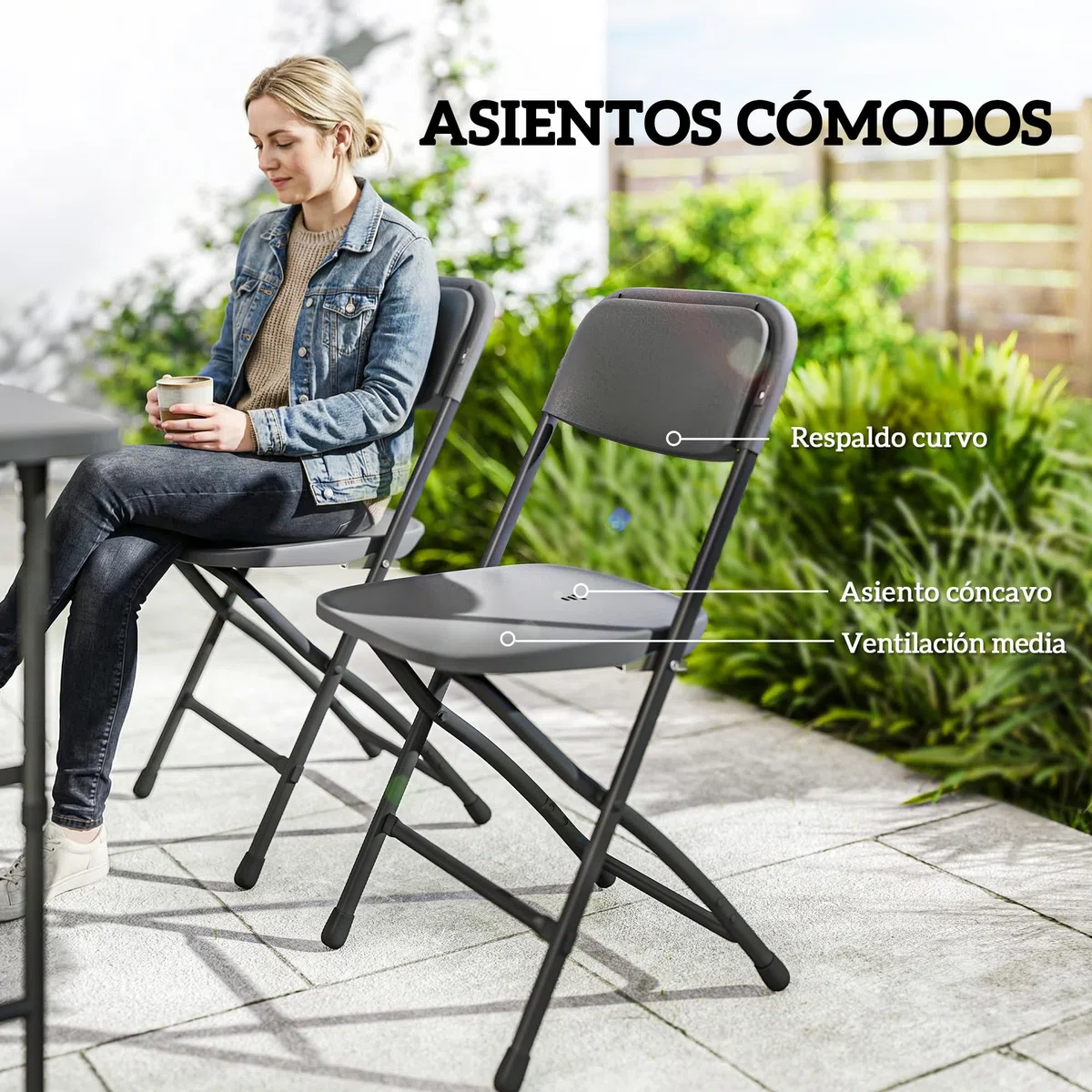 Outsunny Conjunto de Mesa y Sillas Jardín de 5 Piezas, Muebles de Jardín Exterior con Mesa Plegable Ajustable de 55 a 74 cm, 4 Sillas Plegables y Encimera de HDPE, para Terraza Patio, Gris Oscuro