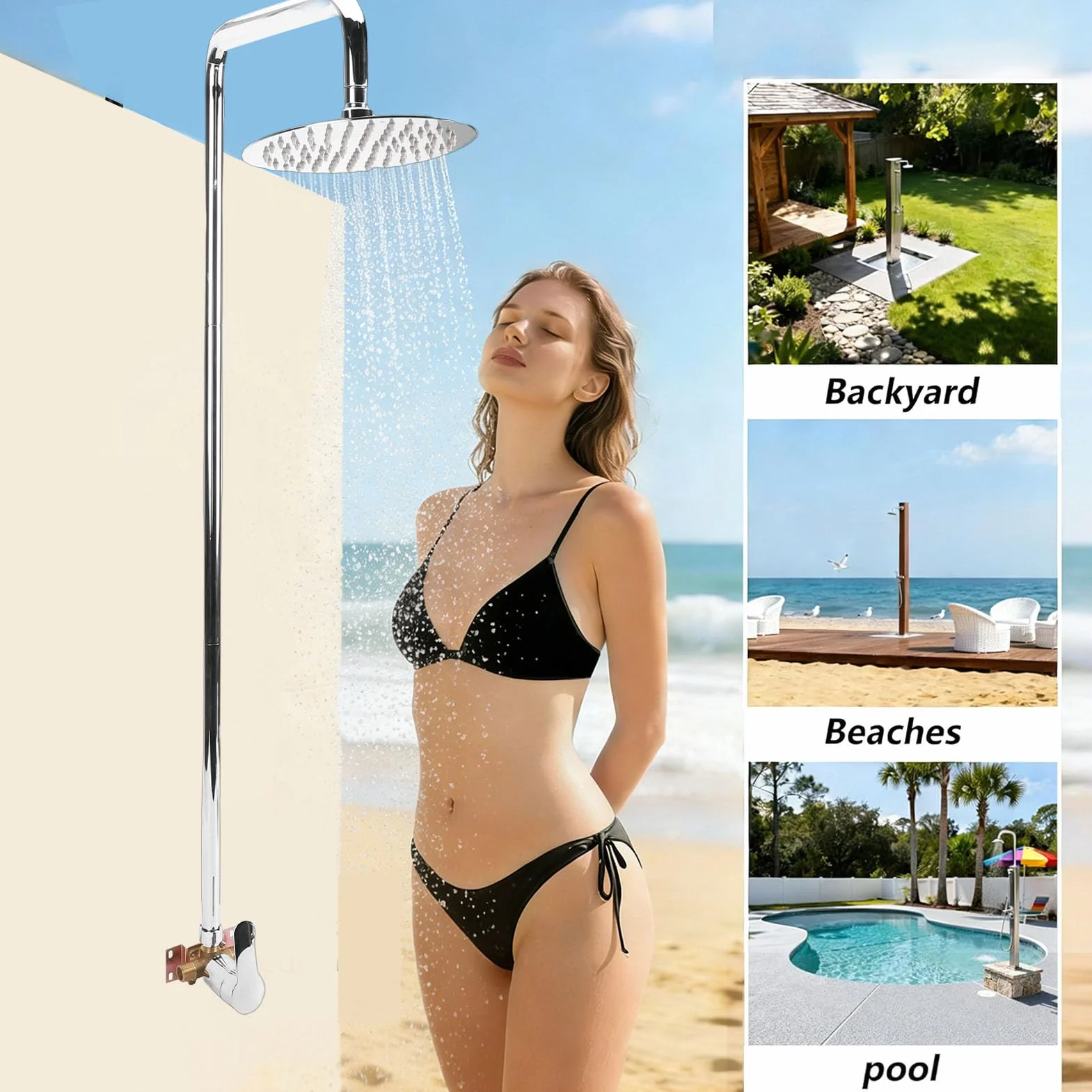 Kit de Ducha Exterior, Cabezal de Ducha Tipo Lluvia de Acero Inoxidable 304 con Acabado Galvanizado, para Patio, Piscina y Playa