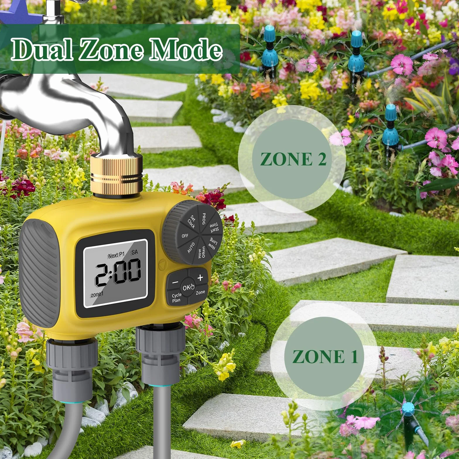 Kit de Sistema de Riego por Goteo con Temporizador Automático de Agua de 2 Zonas con Pantalla LCD,Temporizador de Riego con Nuevo Conector Rápido Antifugas para Jardín,Césped