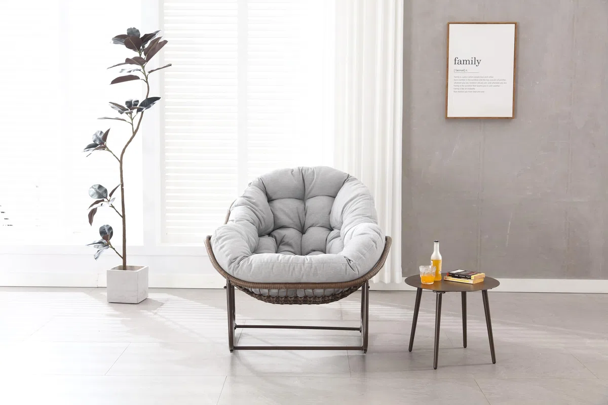 MURUL Mecedora de patio de mimbre de gran tamaño y forma de huevo. Una cómoda mecedora para interior y exterior con cojín grueso. Un sillón moderno adecuado para balcón (gris)