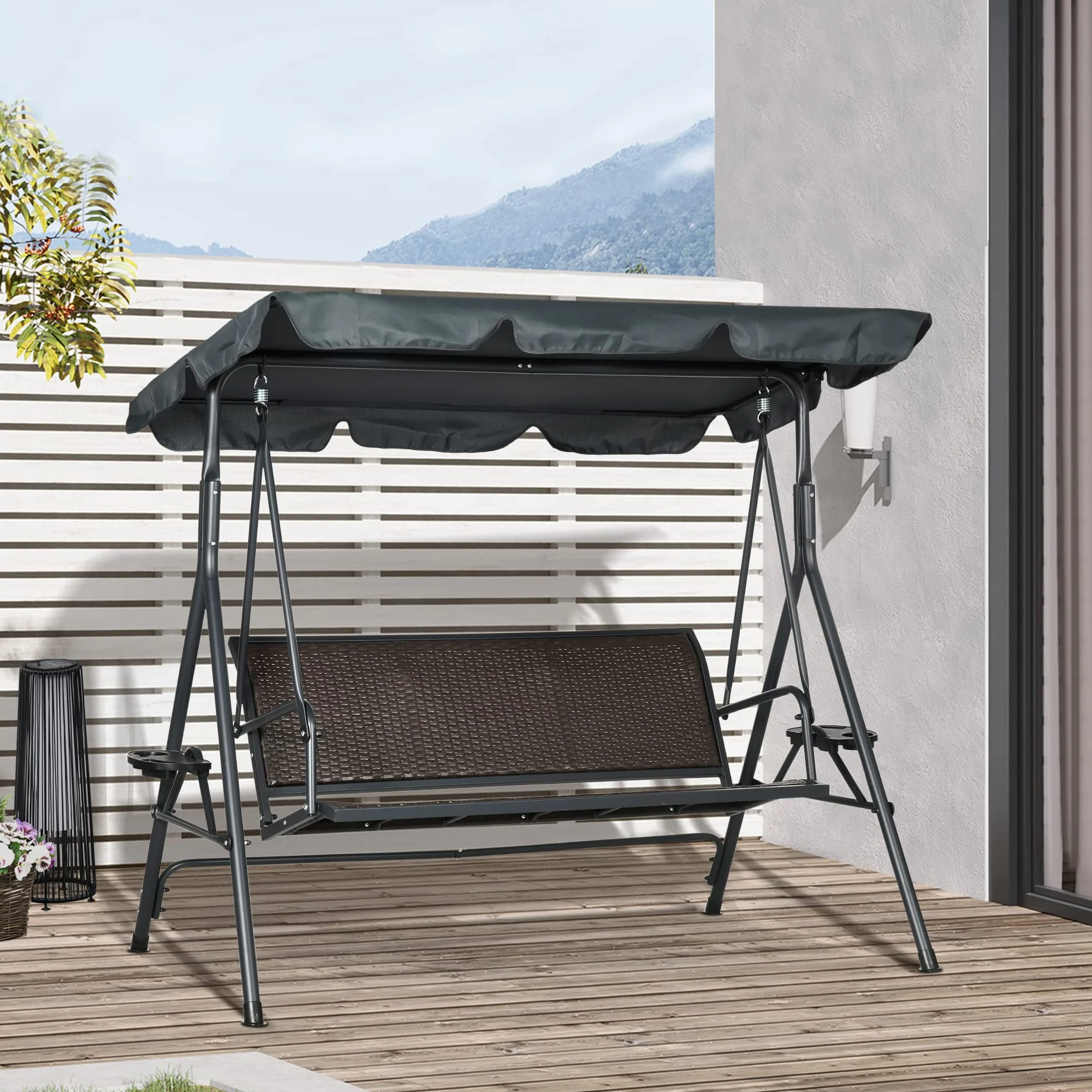 Outsunny Columpio de Jardín de 3 Plazas Banco Balancín para Exterior con Toldo Ajustable Asiento de Ratán 2 Portavasos 2 Bandejas y Marco de Acero Carga 320 kg para Terraza Patio 204x112x150 cm Gris