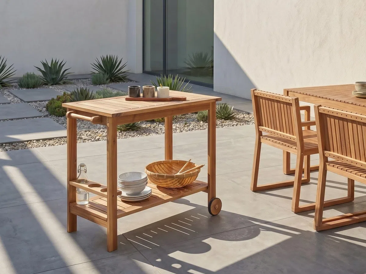 Beliani Carrito de Servicio de jardín Carrito de té con Ruedas de 2 Niveles de Madera de Acacia certificada con Soporte para Botellas marrón Claro Sassari II