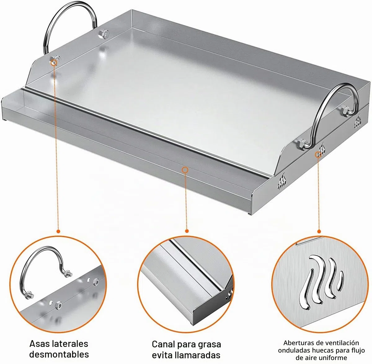 onlyfire Plancha Barbacoa de Acero Inoxidable Universal para Barbacoa de carbón, Parrilla de Gas y más, Rectangular, 51x32x7cm