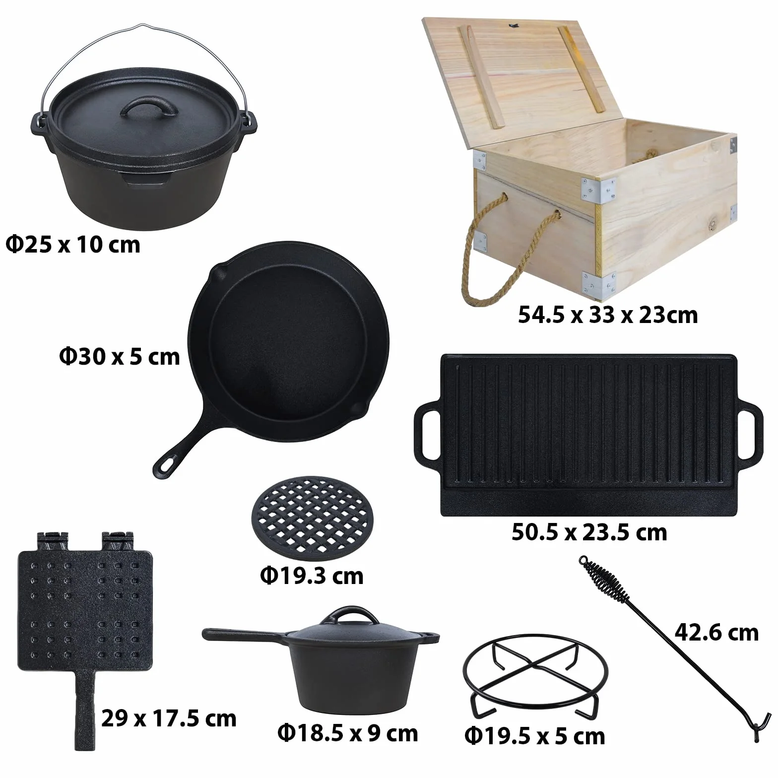 Froadp Set de Horno Holandés Dutch Oven Set Olla de Hierro Fundido Incluye Sartén Sartén para Hornear Cazuela Gancho de Mano etc Firepot Olla Parrilla para BBQ Interior Exterior Camping (10 Piezas)