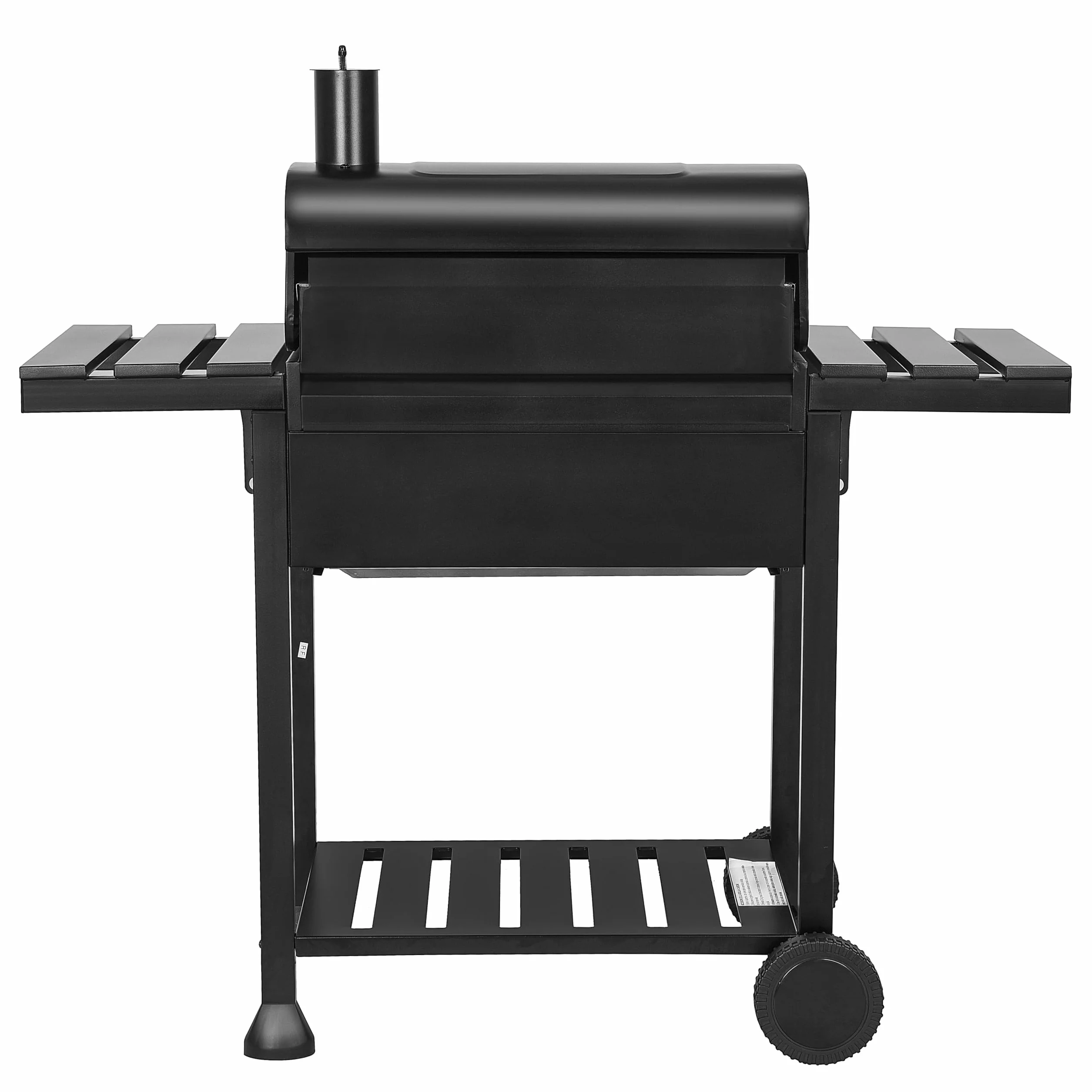 MasterCook Barbacoa de carbón de acero con ruedas resistente y estable con doble parrilla, termómetro y ajuste de la cesta de barbacoa, barbacoa de carbón con estantes laterales