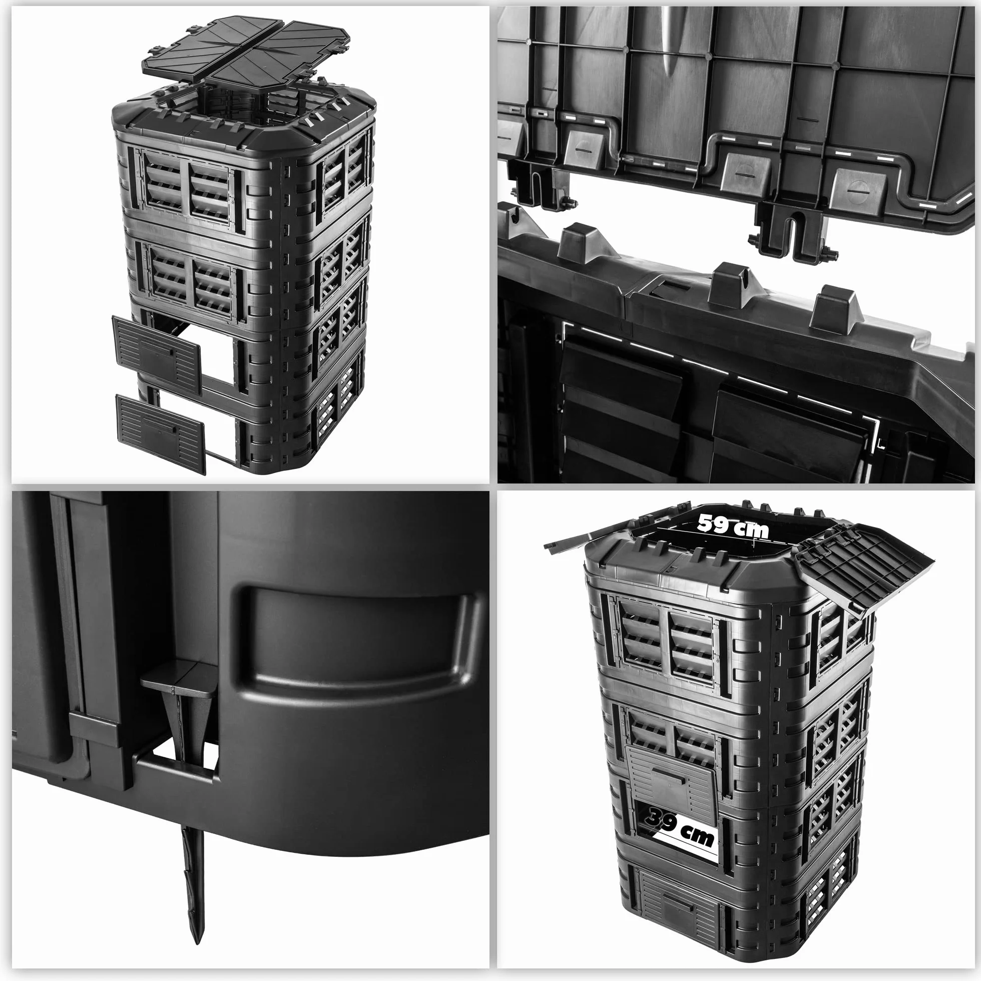 KADAX Compostador de plástico rápido, compostador con botones a presión, compostador térmico negro con tapa plegable (1260 L)