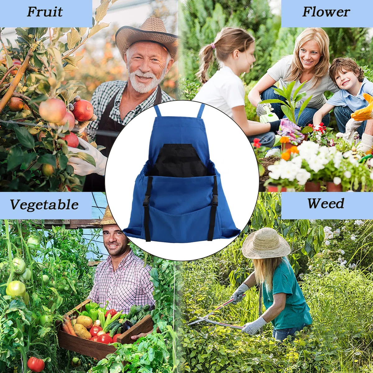 Bolsa De Recogida De Frutas Del Delantal, Azul Delantal De Jardinería, Bolsillo De Liberación Rápida Para Huerto y, Bolsa Para Recoger Frutas, Verduras, Bayas, Bolsa Para Recoger Jardín
