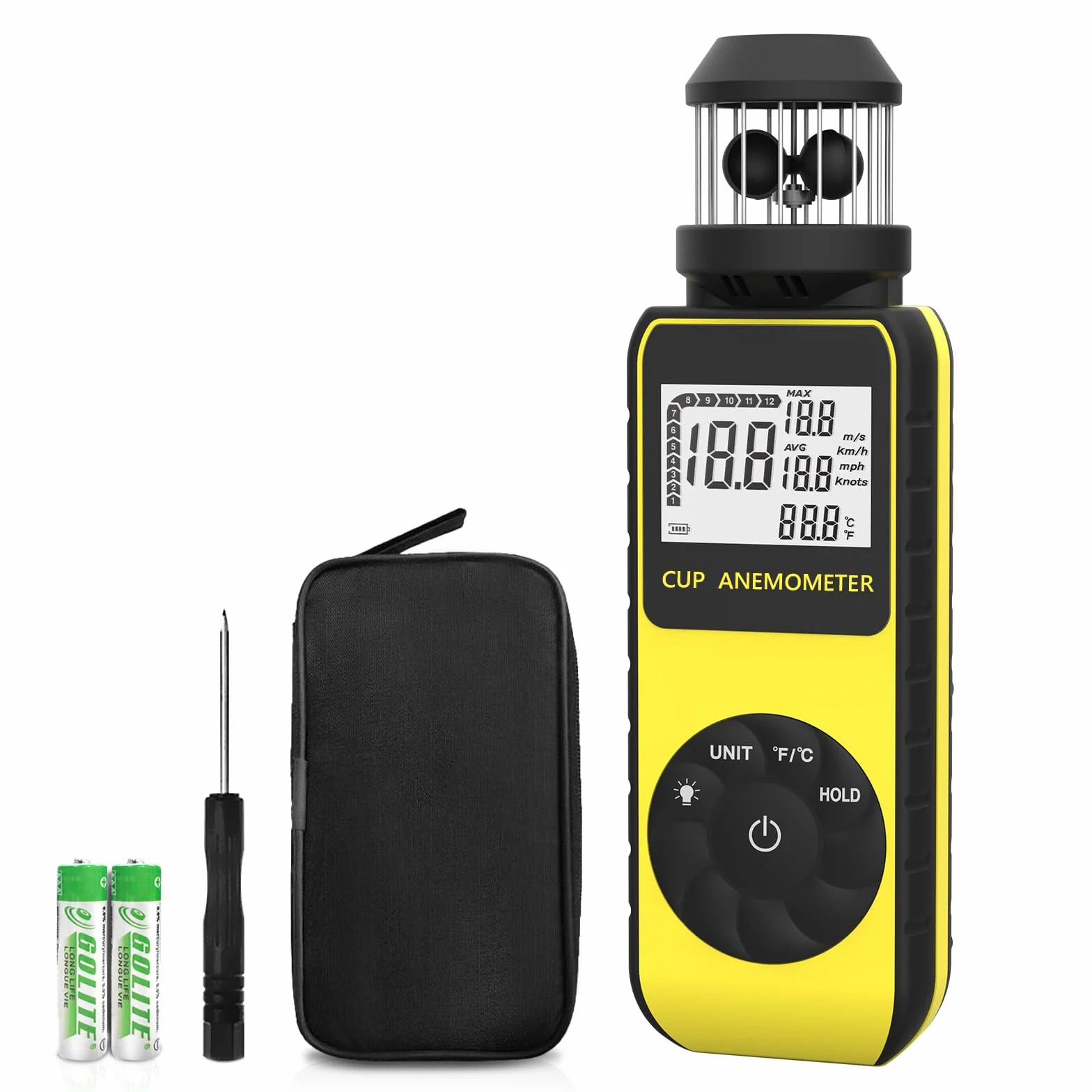 Wind Cup Anemómetro para Exterior, Digital Medidor de Velocidad Viento 0.7~42m/s con MAX/AVG Modos & Prueba de Temperatura del Viento, Wind Speed Meter con Brújula para Drones Vela Surf