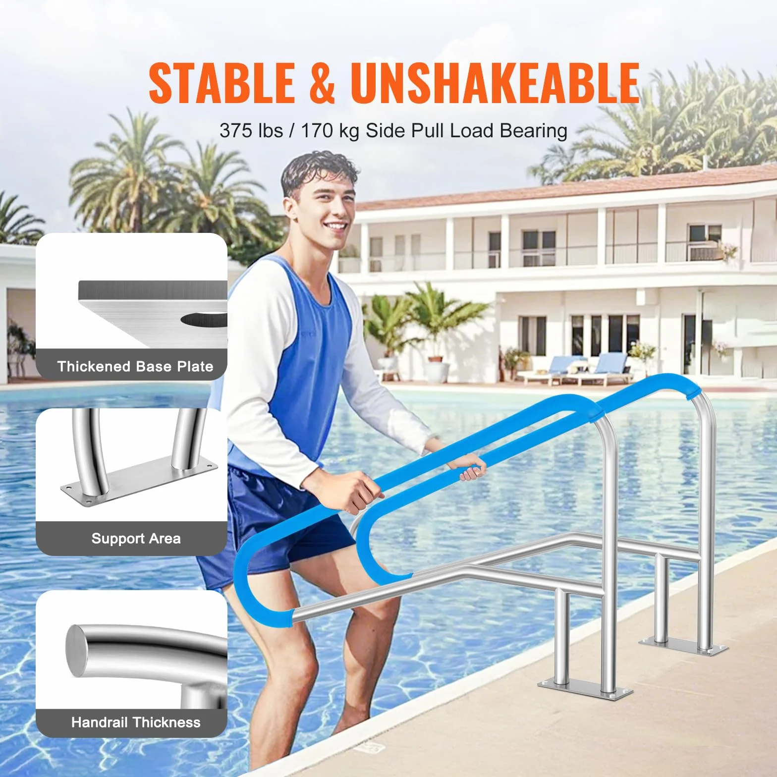VEVOR Barandilla para Piscina 1395 x 810 mm Pasamanos para Piscina de Acero Inoxidable con Placa Base 2 Piezas Barra de Seguridad Antioxidante para Piscinas, Interiores, Exteriores, Terrazas, Spas