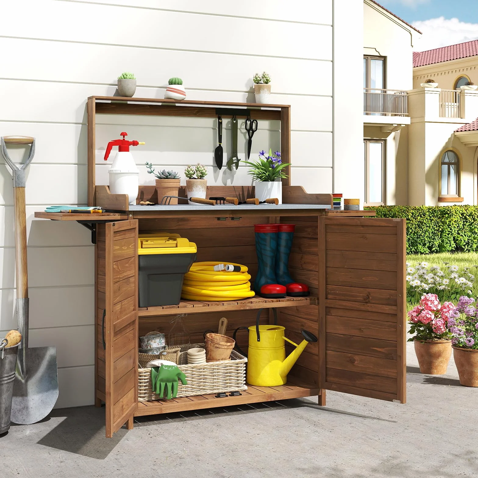 COSTWAY Mesa de Trabajo para Exteriores, Mesa de Jardinería de Madera con Tablero Metálico, Armario, Estantes Laterales Plegables, Estante Ajustable, Banco de Trabajo para Jardinería y Plantación
