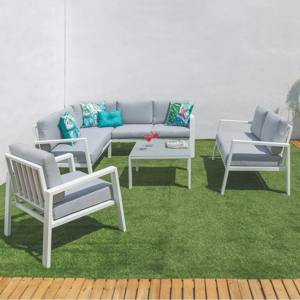 LOLAhome Sofá rinconera de jardín, de Aluminio, 195x195x73 cm, diseño Elegante, Ligera y Resistente. Cojines desenfundables con Tratamiento hidrófugo - Colección Thais (Blanco)