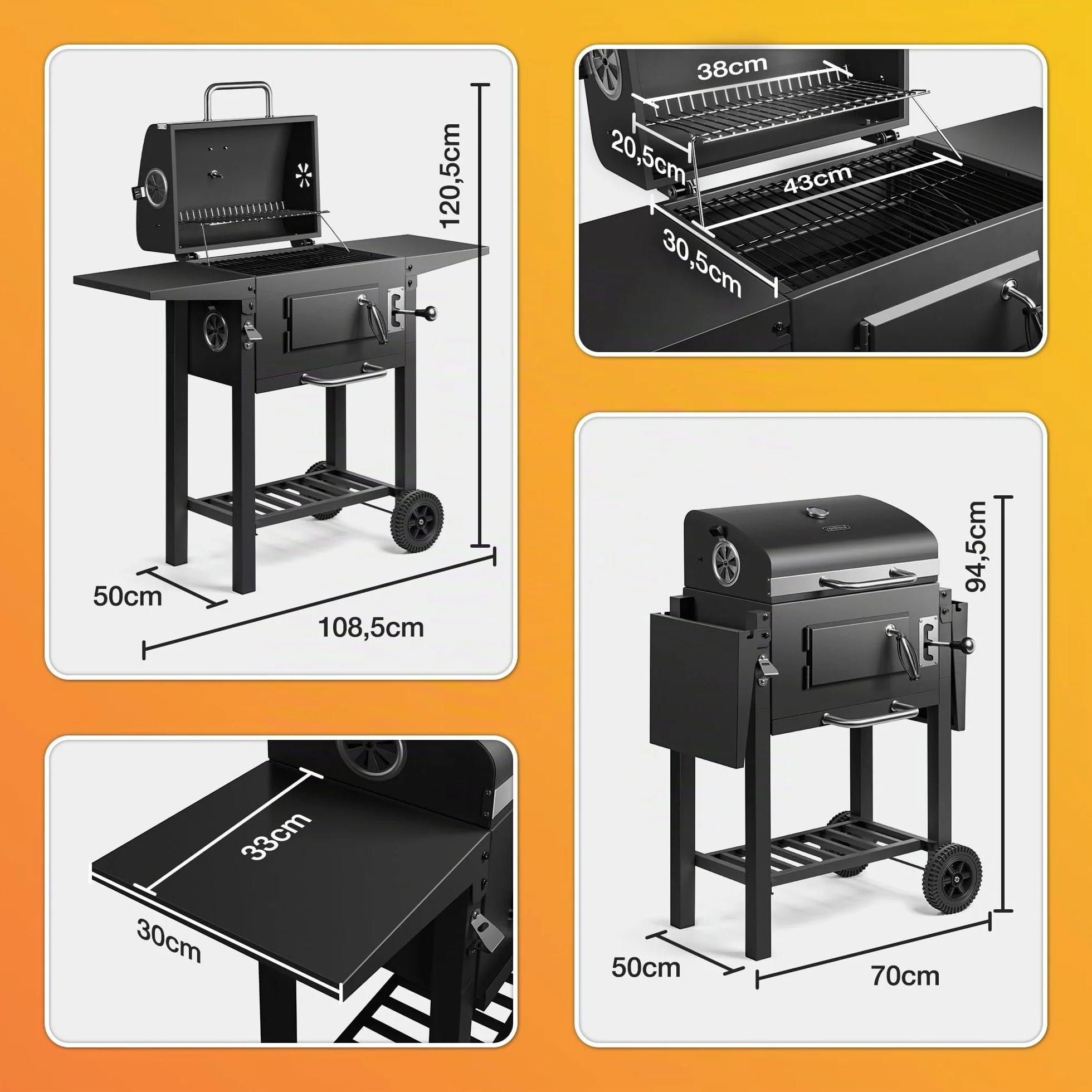 VonHaus Barbacoa de Carbón – Barbacoa con Rejilla Calentadora, Altura Ajustable, Termómetro – Portátil, Recogecenizas, Estante, 2 Mesas Laterales Plegables, Ruedas – Carne, Pescado y Verduras