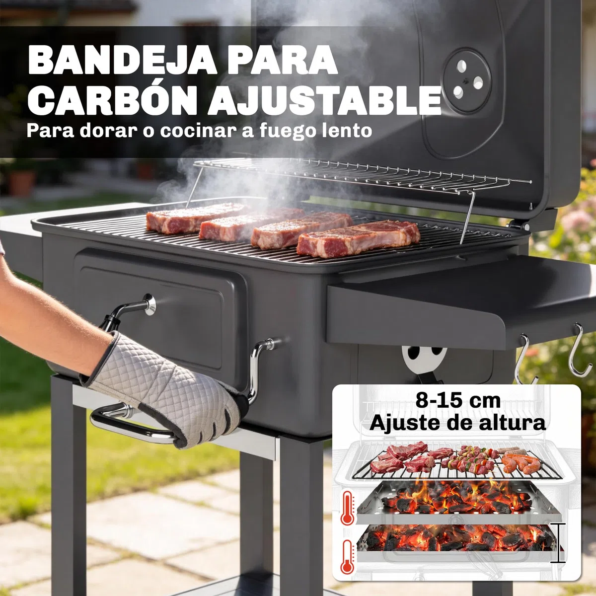 Outsunny Barbacoa de Carbón Portátil, Barbacoa de Carbón Móvil con Bandeja y Ventilación Ajustable, Estantes Laterales, Termómetro, Tapa, Cajón de Cenizas, Ruedas, Puerta Frontal, Asa, Negro