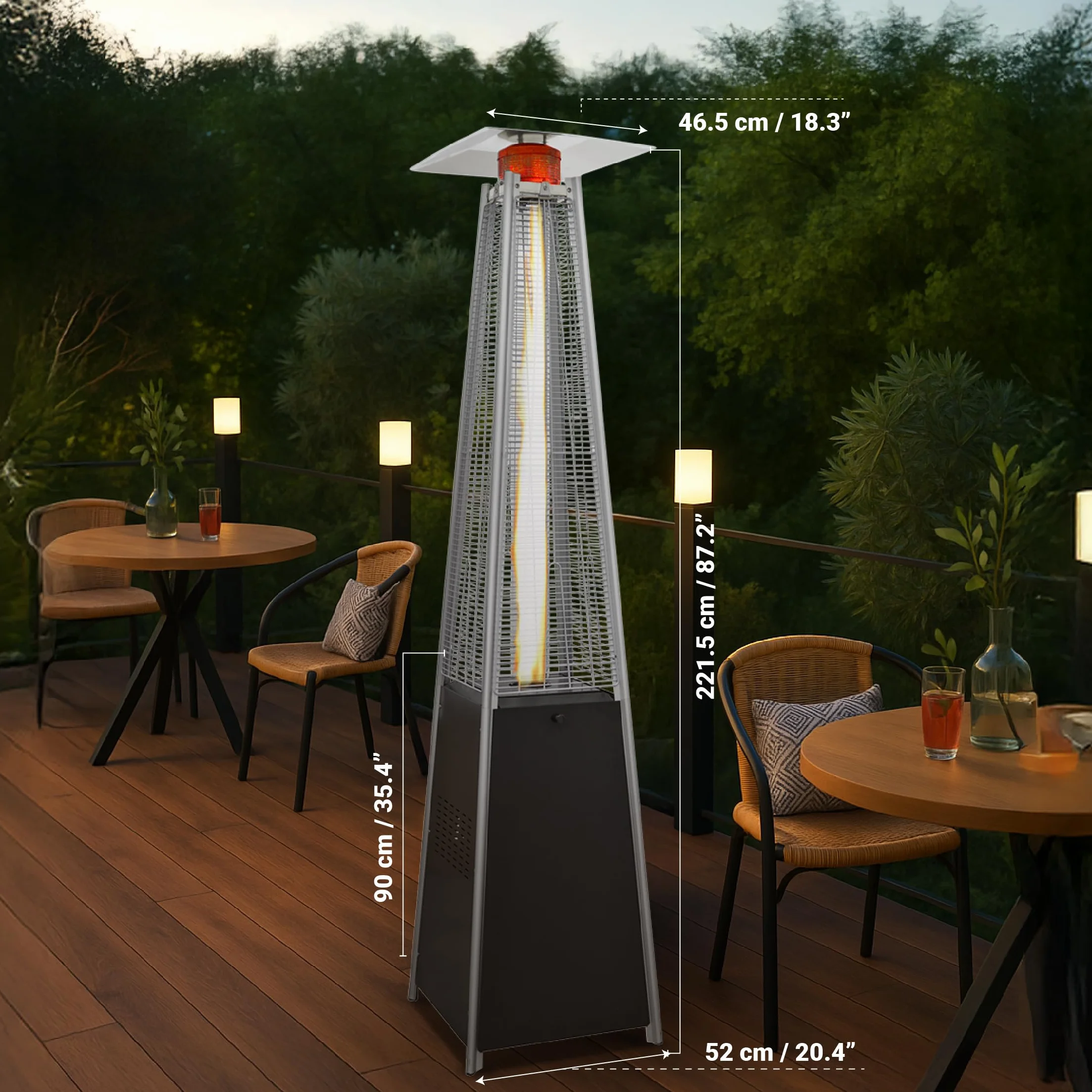 BU-KO Calentador Patio a Gas para Exterior | Jardín, Terraza, Barbacoa | Estufa Piramidal al Propano - 13kw | Ruedas, Regulador y Manguera | Chimenea Acero Inoxidable para LPG & Cubierta Impermeable