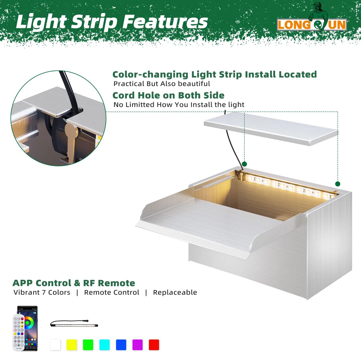 LONGRUN Kit de Cascada de Piscina de Acero Inoxidable de 23 cm, con luz LED RGB Bluetooth y Bomba de Agua de 1500 L