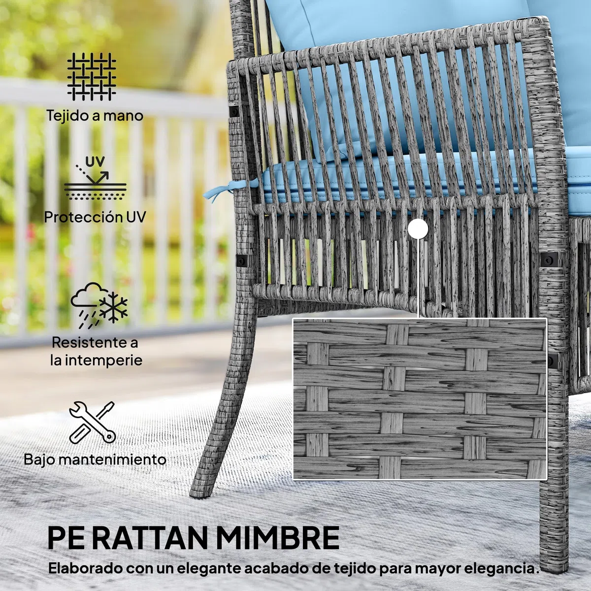 Outsunny Conjunto de Jardín de Ratán de 3 Piezas, Muebles Jardín Exterior Incluye 1 Sofá de 2 Plazas, 1 Sofá Esquinera, 1 Mesa de Centro con Tablero de Vidrio Templado, Cojines, Resistente, Azul Claro