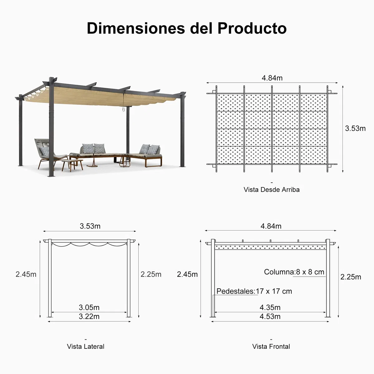 PURPLE LEAF Pergolas de Jardin Aluminio Cenadores para Jardin 3,5 x 4,8 M pérgolas con Techo Retráctil Tela para Camping Fiesta Celebraciones, Gris Claro