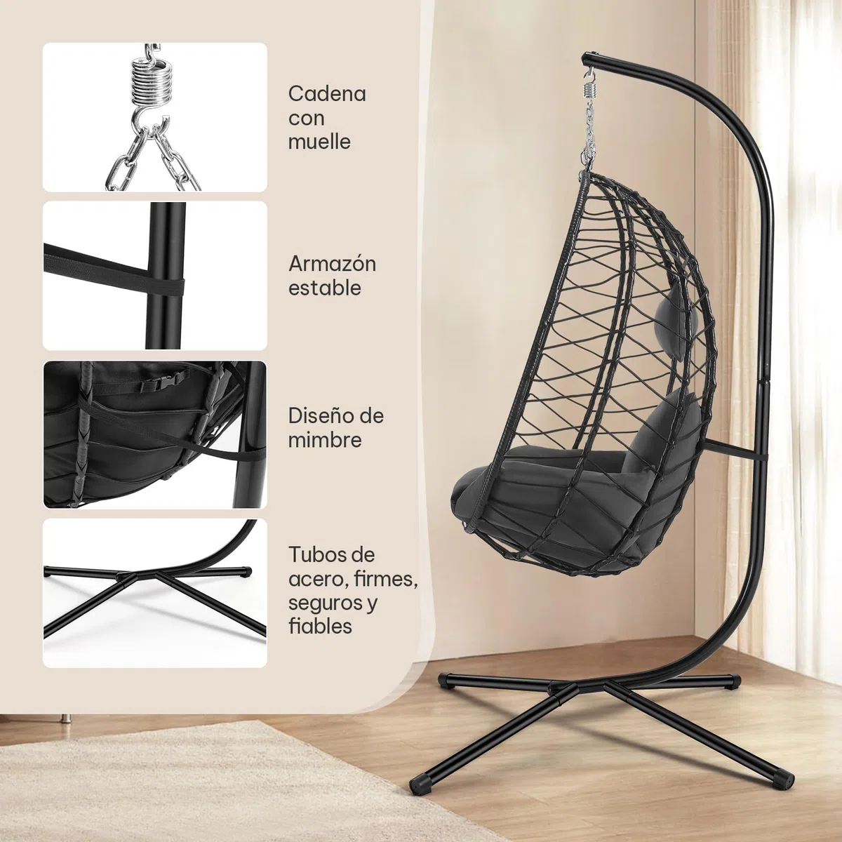 Laneetal Silla Colgante, Silla Huevo con Soporte, Columpio con Cojín y Reposacabezas, Carga 150 kg, PE Aspecto Ratán, Estructura de Metal, para Jardín Patio Terraza 102x100x196 cm, Gris Oscuro