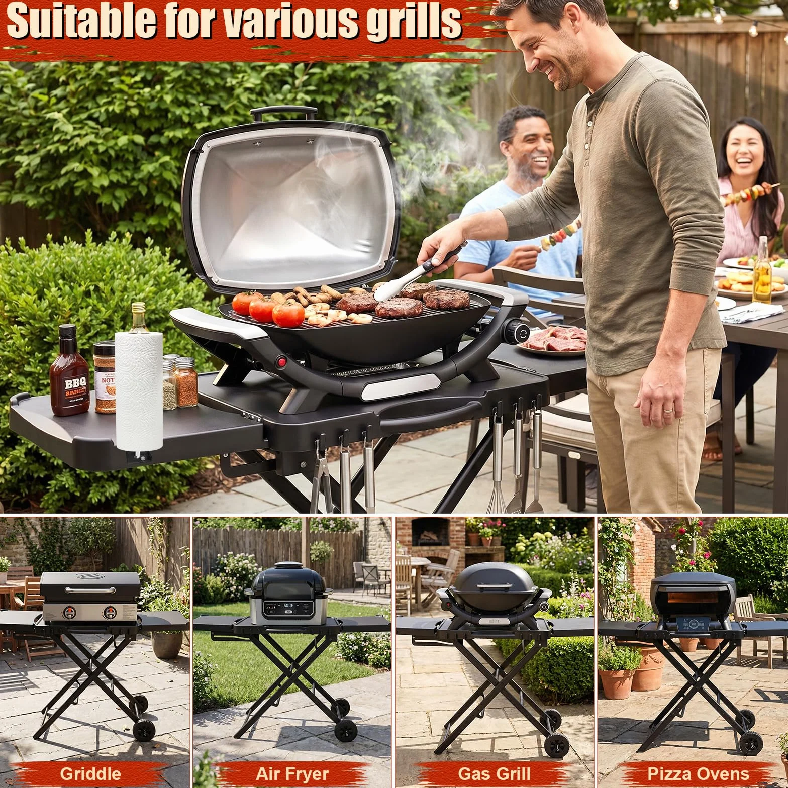 Denmay Carro de mesa para Weber Q100 Q200 Q300 Serie, Enders Urban, Nexgrill, Ninja Woodfire Grill, horno de pizza, Solo Stove, Burnhard Wayne, soporte de parrilla con ruedas para la mayoría de las
