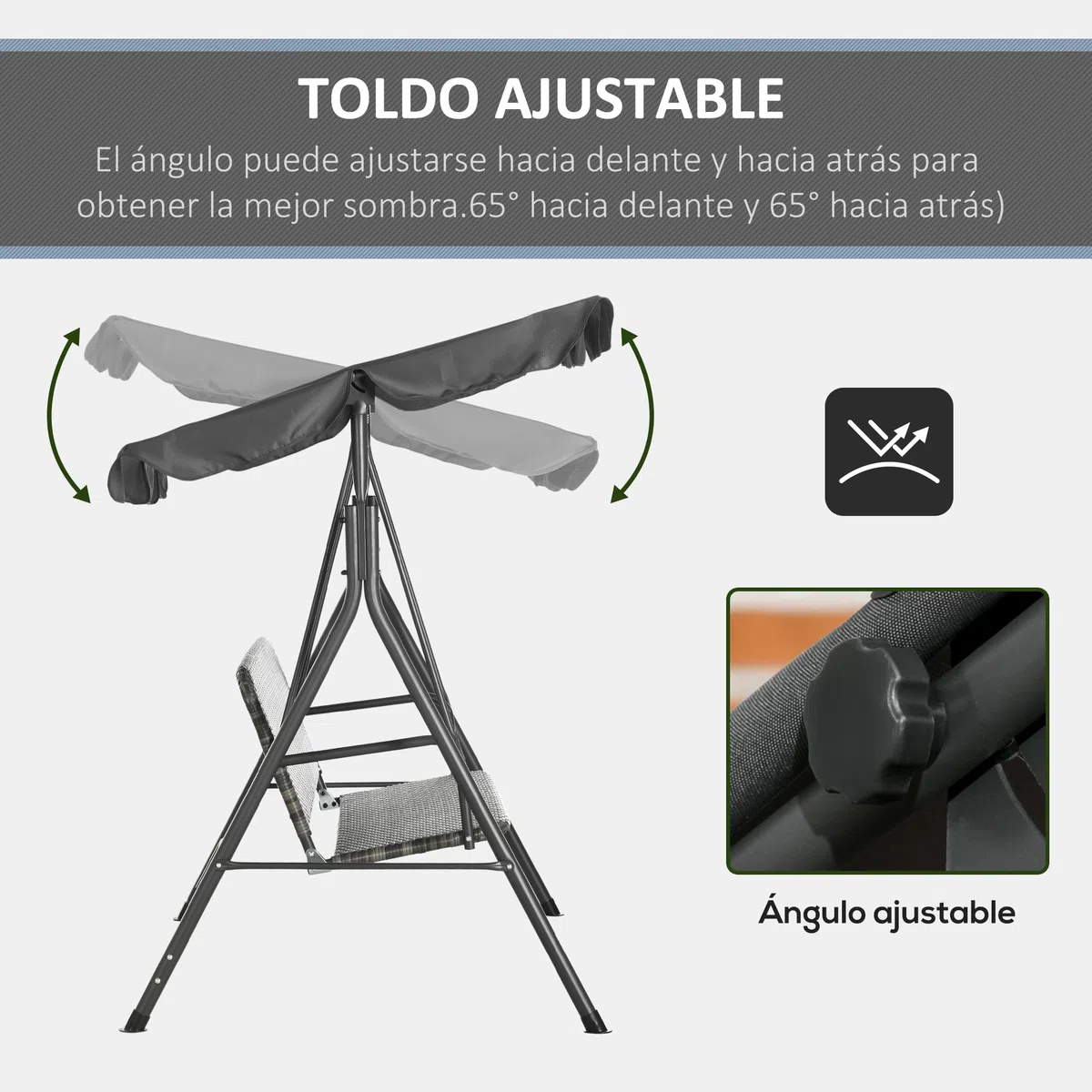Outsunny Columpio de Jardín Exterior de 3 Plazas Balancín de Jardín Exterior con Toldo Ajustable Asiento de Ratán PE y Reposabrazos para Balcón Terraza Patio Carga 240 kg 167x112x153 cm Gris