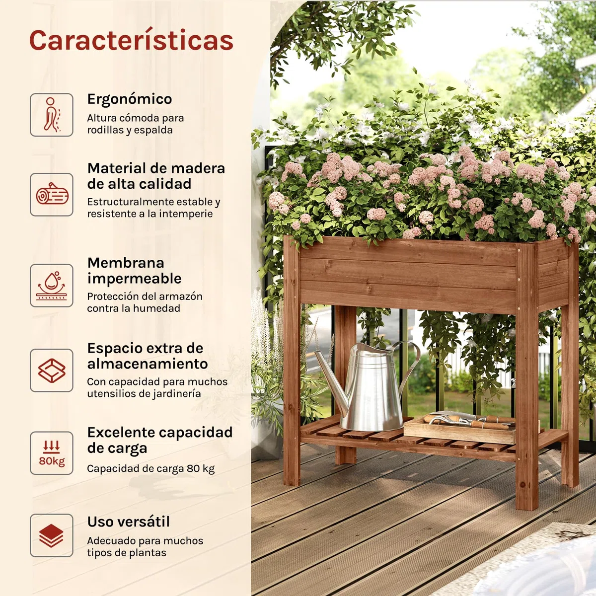 WOLTU Huerto Urbano Terraza, 80x40x75 cm, Jardinera Elevada para Exterior, Mesa de Cultivo para Jardín con Estante Inferior, Jardinera Madera para Flores y Vegetales, Marrón