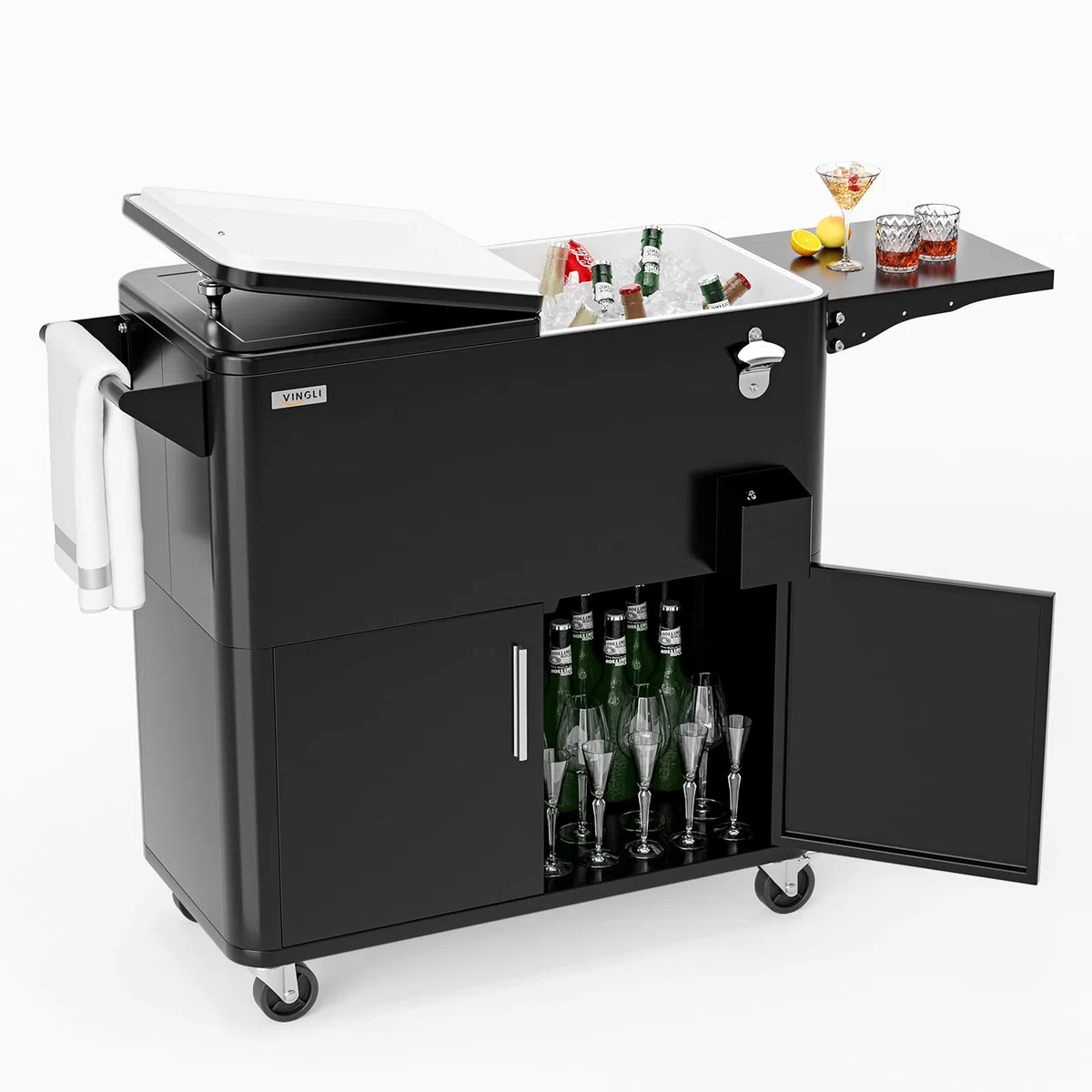 Bonnlo Carrito Nevera con Ruedas 76 L, Enfriador de Bebidas con Mesa Lateral y Abrebotellas, Nevera Exterior para Patio, Jardín, Camping y Playa, Negro