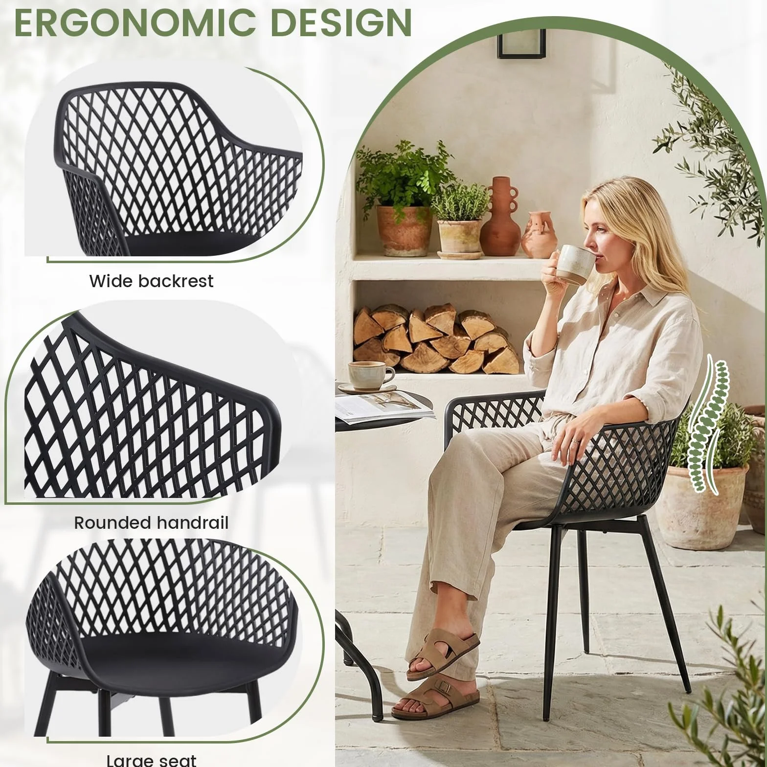 buybyroom Sillas Terraza Exterior, Juego de 6 Sillas Jardin Exterior con Reposabrazos, Patas de Metal y Respaldo de Plástico Ergonómico, para Jardín,Terraza,Balcón,Reuniones,Salón,Comedor,Negras