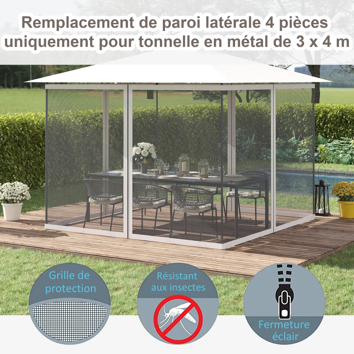 Outsunny Mosquiteras para cenador barnum 3 x 4 m - Set de 4 mosquiteras con Cremallera + Ganchos de fijación - poliéster Nylon