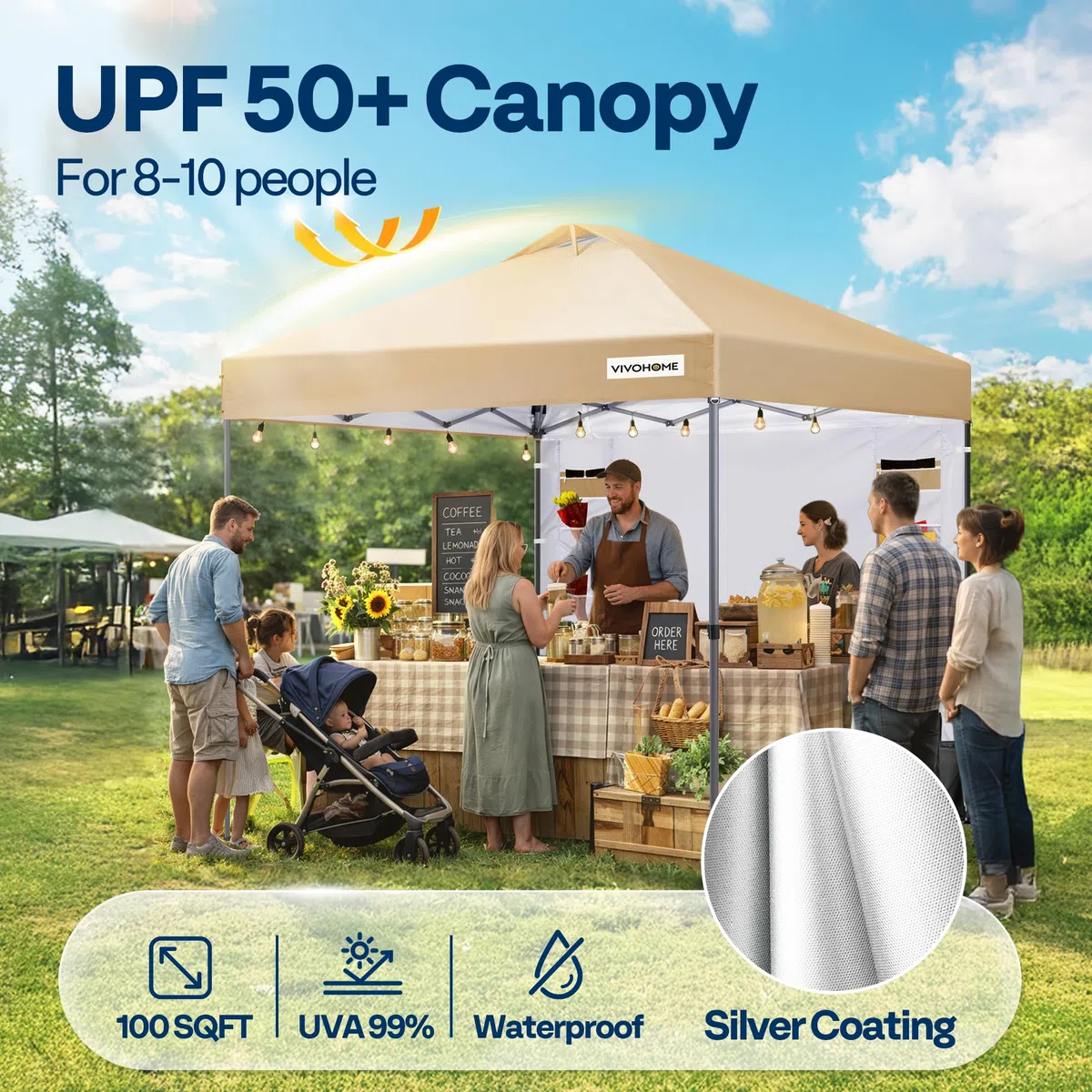 VIVOHOME Carpa Plegable 3x3m Cenador de Jardín con Pared Lateral Altura Ajustable Impermeable Anti-UV Gazebo con Ventilación para Playa 4 Bolsas de Arena con Ruedas para 8-10 Personas