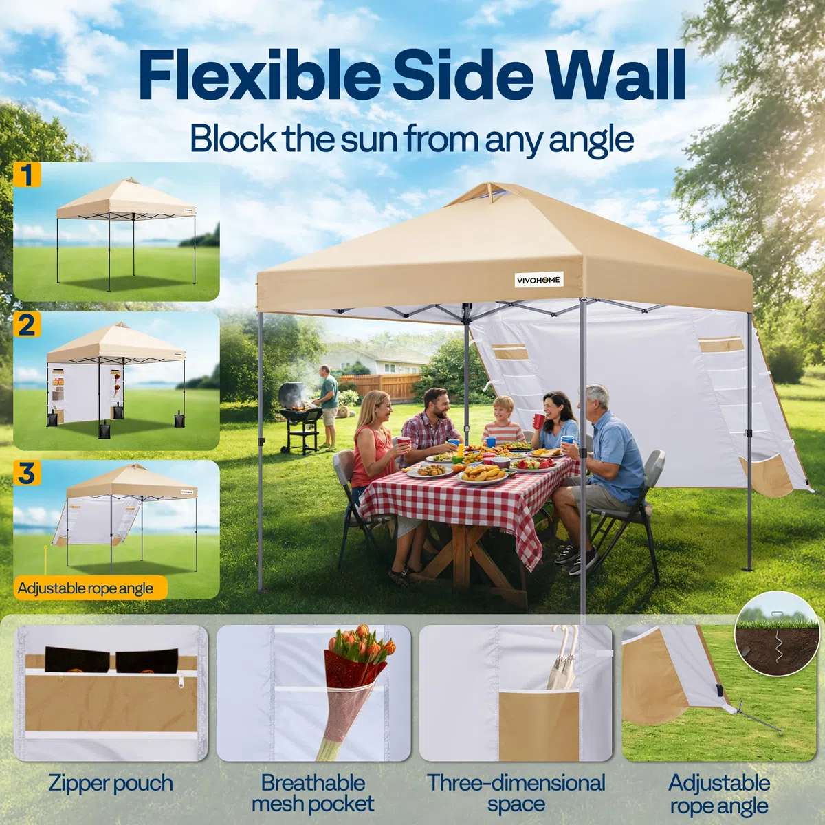 VIVOHOME Carpa Plegable 3x3m Cenador de Jardín con Pared Lateral Altura Ajustable Impermeable Anti-UV Gazebo con Ventilación para Playa 4 Bolsas de Arena con Ruedas para 8-10 Personas