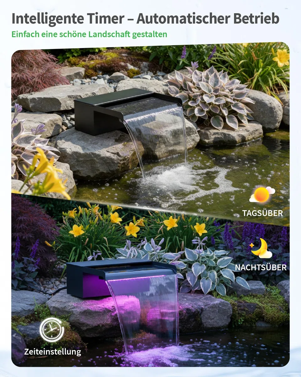 POPOSOAP Cascada de estanque de 20 cm de ancho, caja de cascada de acero inoxidable con bomba de estanque de 2500 L/H, cadena de luces LED de cambio de color controlada por control remoto, juego de