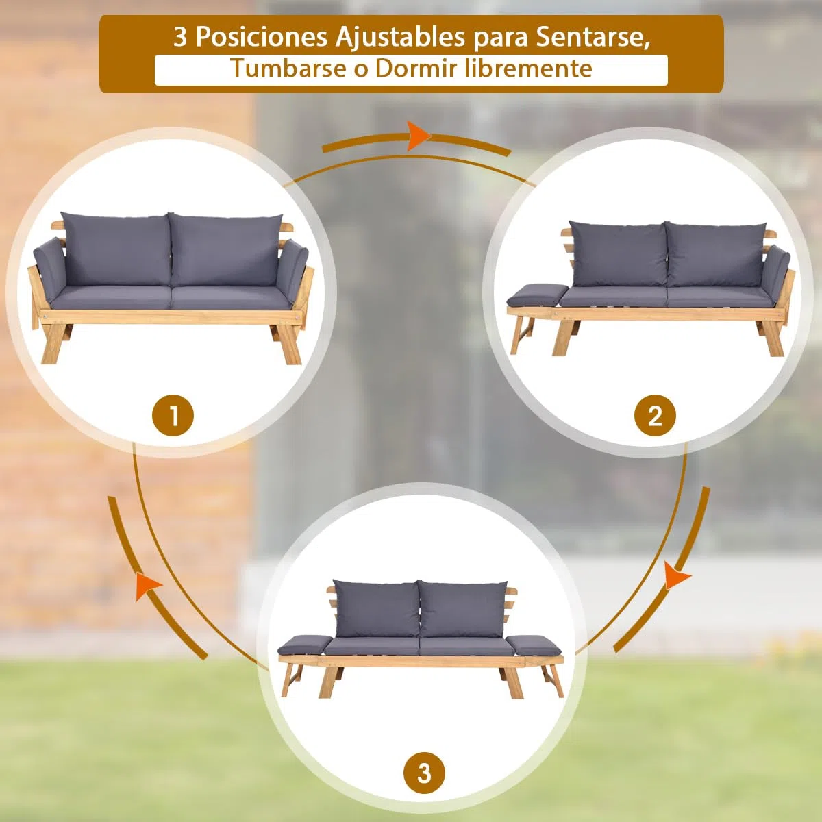 COSTWAY 3 en 1 Sofa Cama de Jardín, Banco de Jardín de 2 Plazas Convertible con 2 Almohadas y Cojin Extraible y Lavable, Reposabrazos Ajustables, Sofa Jardin de Madera Acacia para Patio, Máx 320 kg