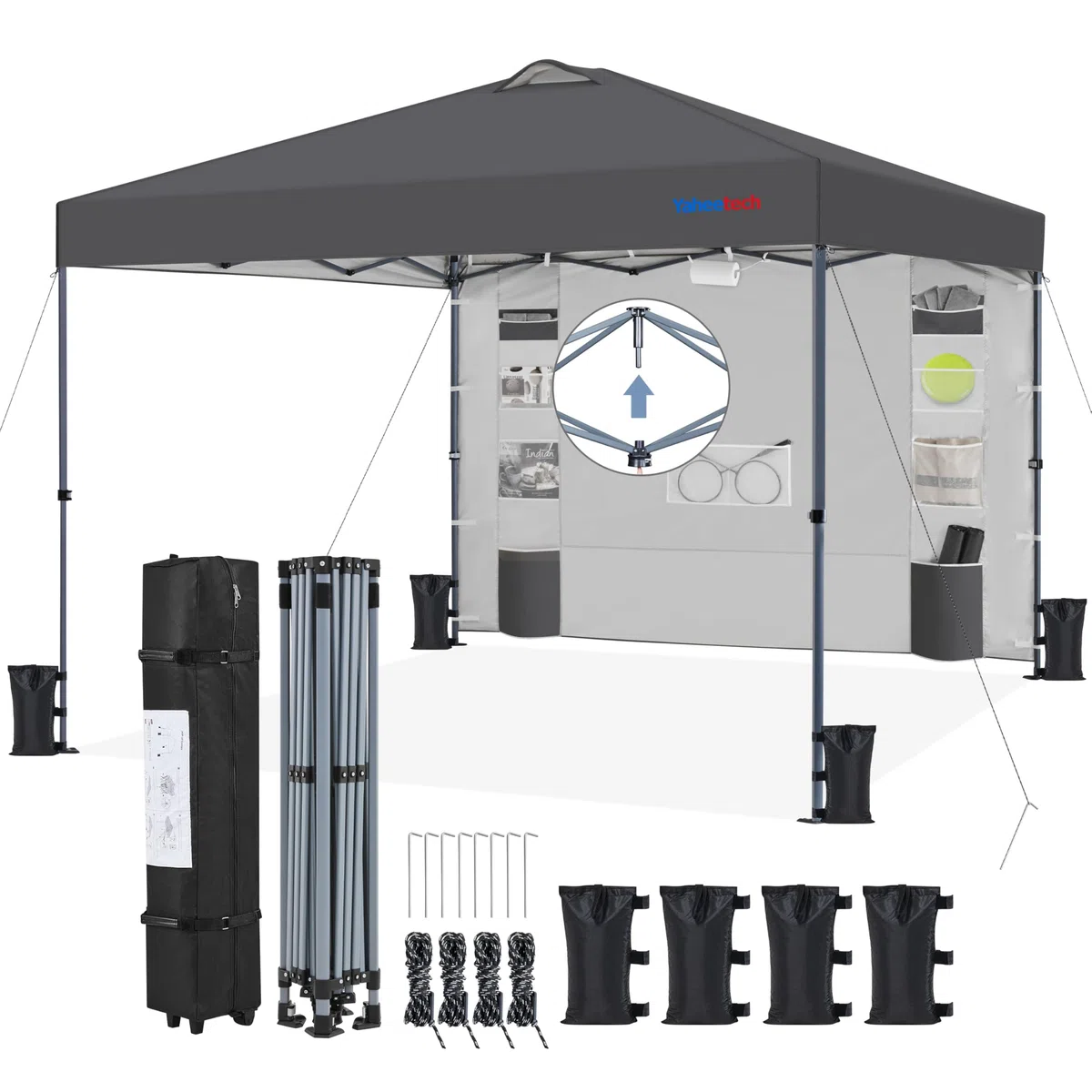 Yaheetech 3x3M Carpa Pop-Up con Botón Central con Pared Lateral de 9 Bolsillos de Almacenamiento, 1 Bolsa con Ruedas y 4 Sacos de Arena para Playa, Patio, Camping y Jardín, Gris Oscuro