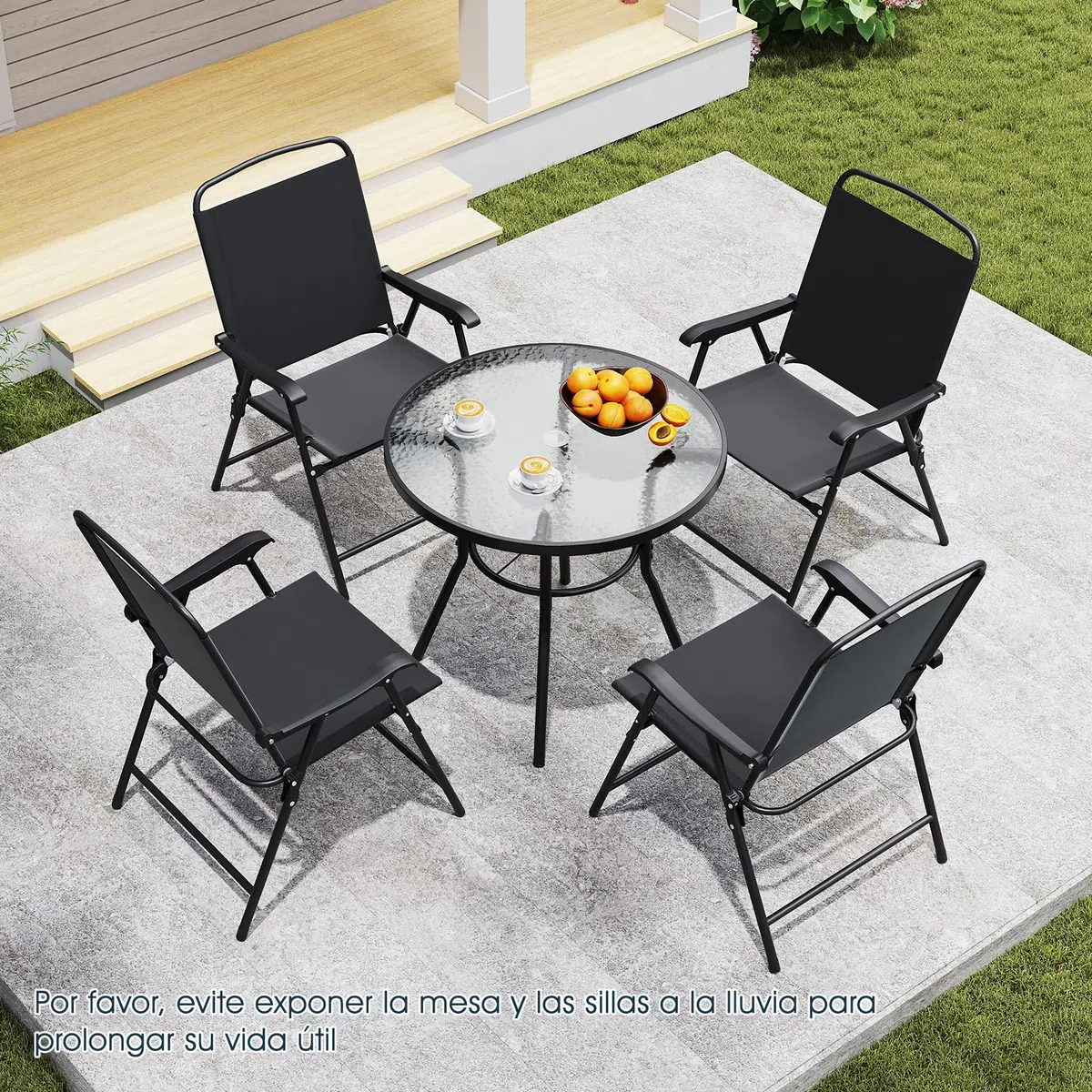 COSTWAY Conjunto Jardin Exterior de 6 Piezas, Mesa Redonda de Vidrio Templado, 4 Sillas Plegables con Brazos y Sombrilla, Muebles Comedores Jardin Terraza Balcon Exterior