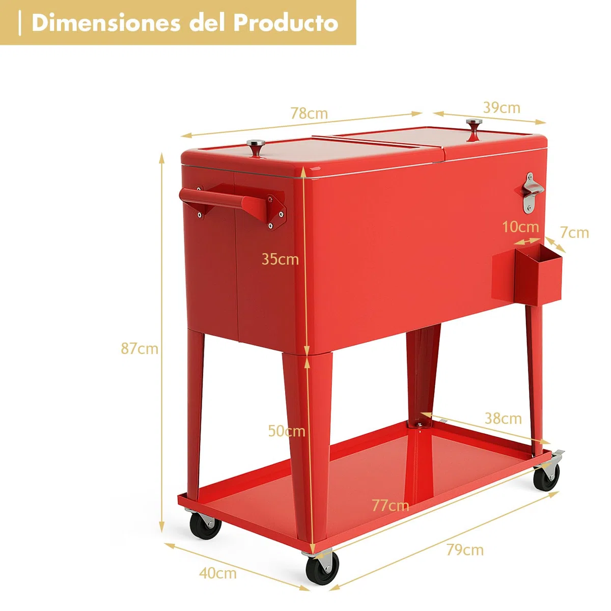 COSTWAY 76L Carrito Nevera con Ruedas, Carro de Bebidas Refrigerado Portátil con Abrebotellas, Estante y 2 Compartimentos, hasta 72 Horas, 40 x 79 x 87 cm, para Patio Fiesta Terraza