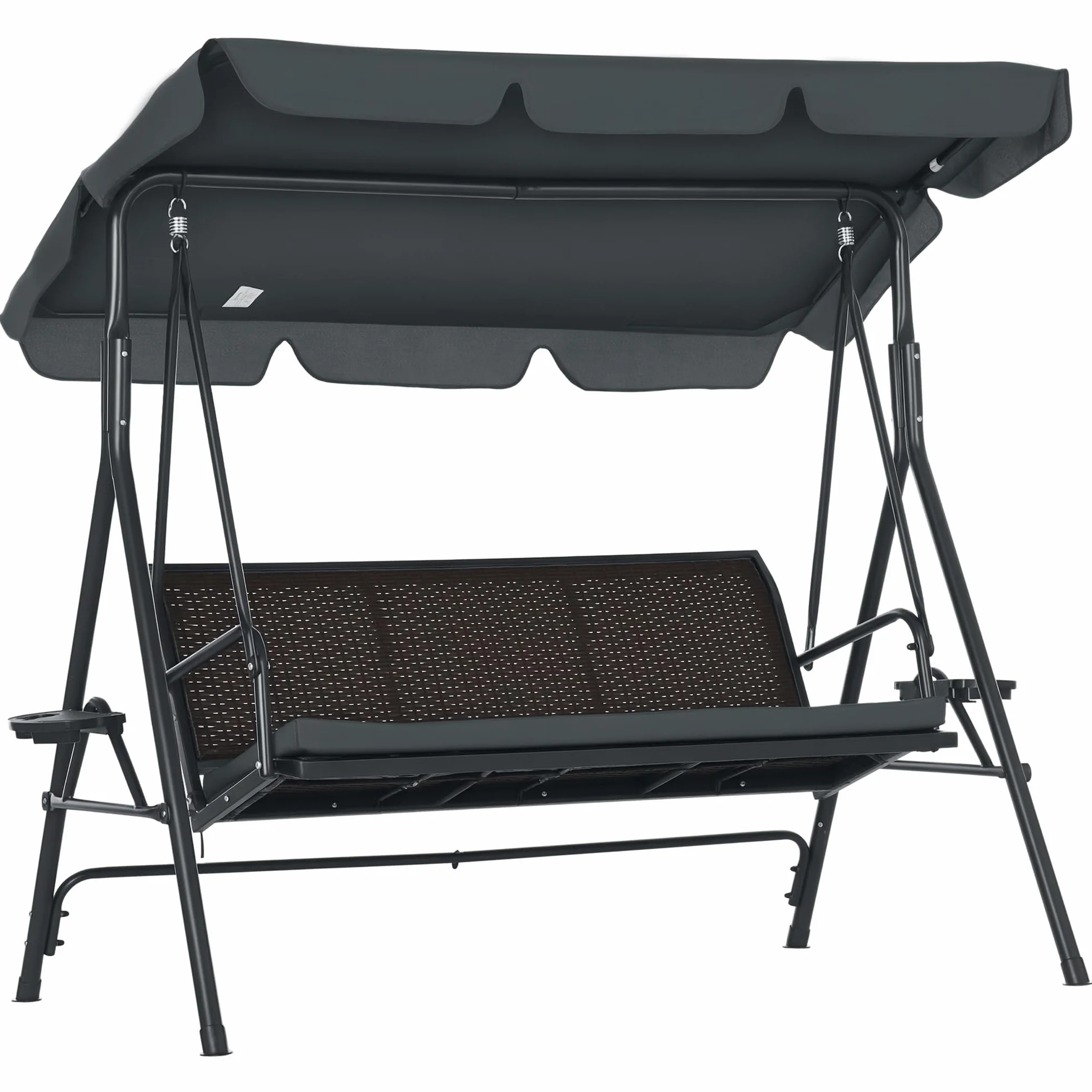 Outsunny Columpio de Jardín de 3 Plazas Banco Balancín para Exterior con Toldo Ajustable Asiento de Ratán 2 Portavasos 2 Bandejas y Marco de Acero Carga 320 kg para Terraza Patio 204x112x150 cm Gris