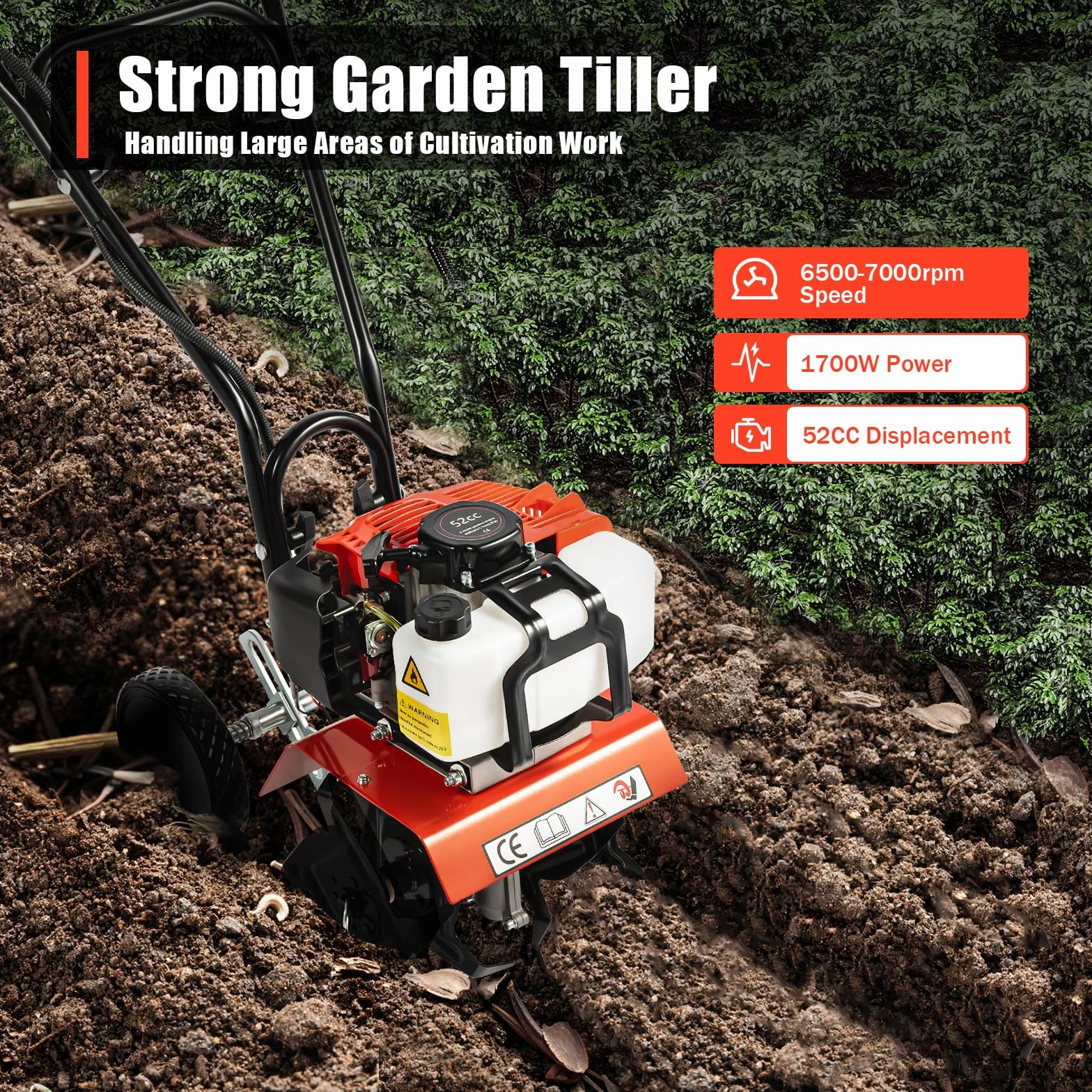 2Stroke - Rotavator cultivador de gasolina de 52 cc para jardín, tierra y verduras, motor de césped, rotovador de gas, herramienta de labrado de granja, 6500 rpm