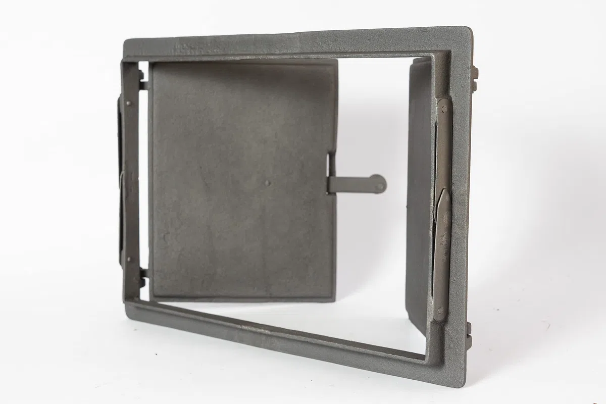 Sezam, Puerta de horno de hierro fundido, puerta doble para horno de pizza de 48 x 32,5 cm, con termómetro de 500 C, horno de pan, cocina de jardín y cámara de ahumado, color grafito