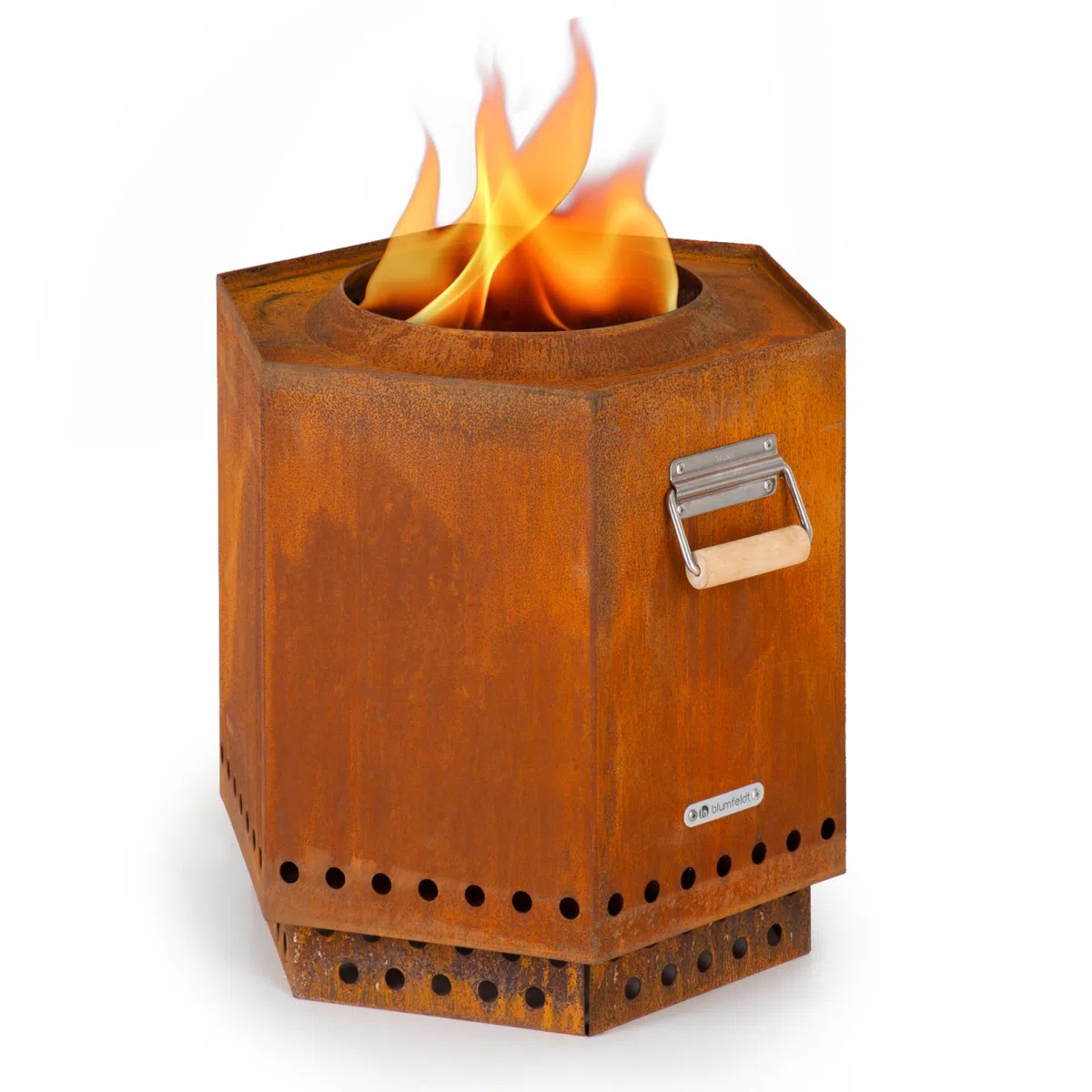 Blumfeldt Cuenco de Fuego, Hoguera móvil con Cubierta para la Lluvia, Asas de Madera, Mesa de Fuego para Exteriores, Chimenea de leña de Mesa con Vista 360°, Hoguera para el Patio y la terraza