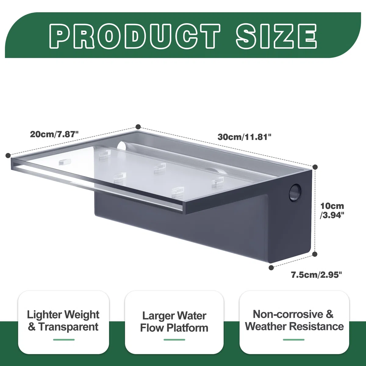 Kit de hojas de cascada para estanque, fuente de piscina acrílica de 30 cm con accesorios, ancho de 20 cm, cascada de cascada para jardín, patio, decoración de estanque