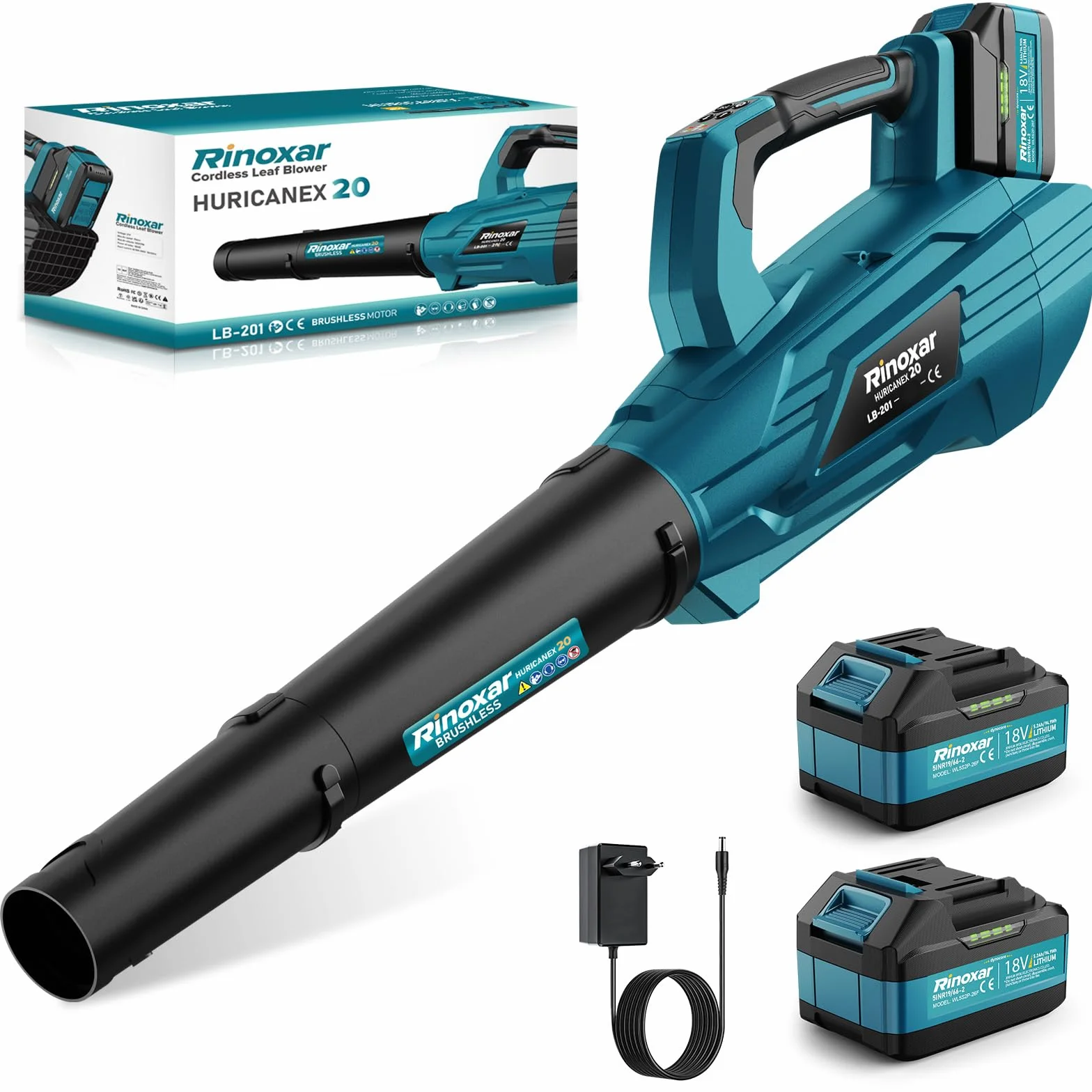 Soplador de Hojas, 5 Velocidades Sopladora de Hojas con Bateria con Motor Brushless, 2 Baterías de 5.2Ah/18V, 35.000 RPM, Velocidad Aire 180 km/h, Vaudal Aire 800 m³/h, 2 Boquillas Intercambiables