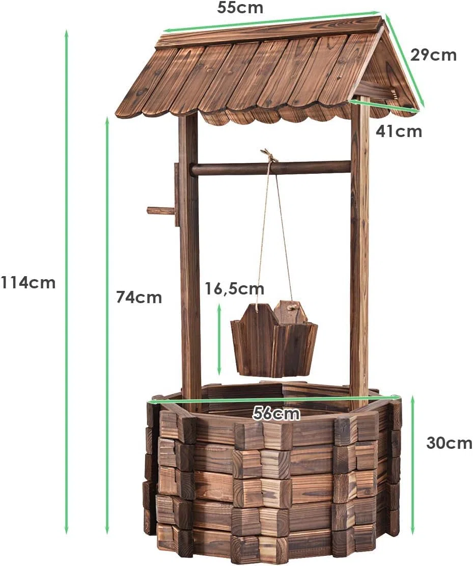 GOPLUS Pozo de Madera Decorativo, Jardinera de Exterior con Techo Clásico, Fuente Decorativa con Cubo Colgante y Amplio Lecho de Plantación