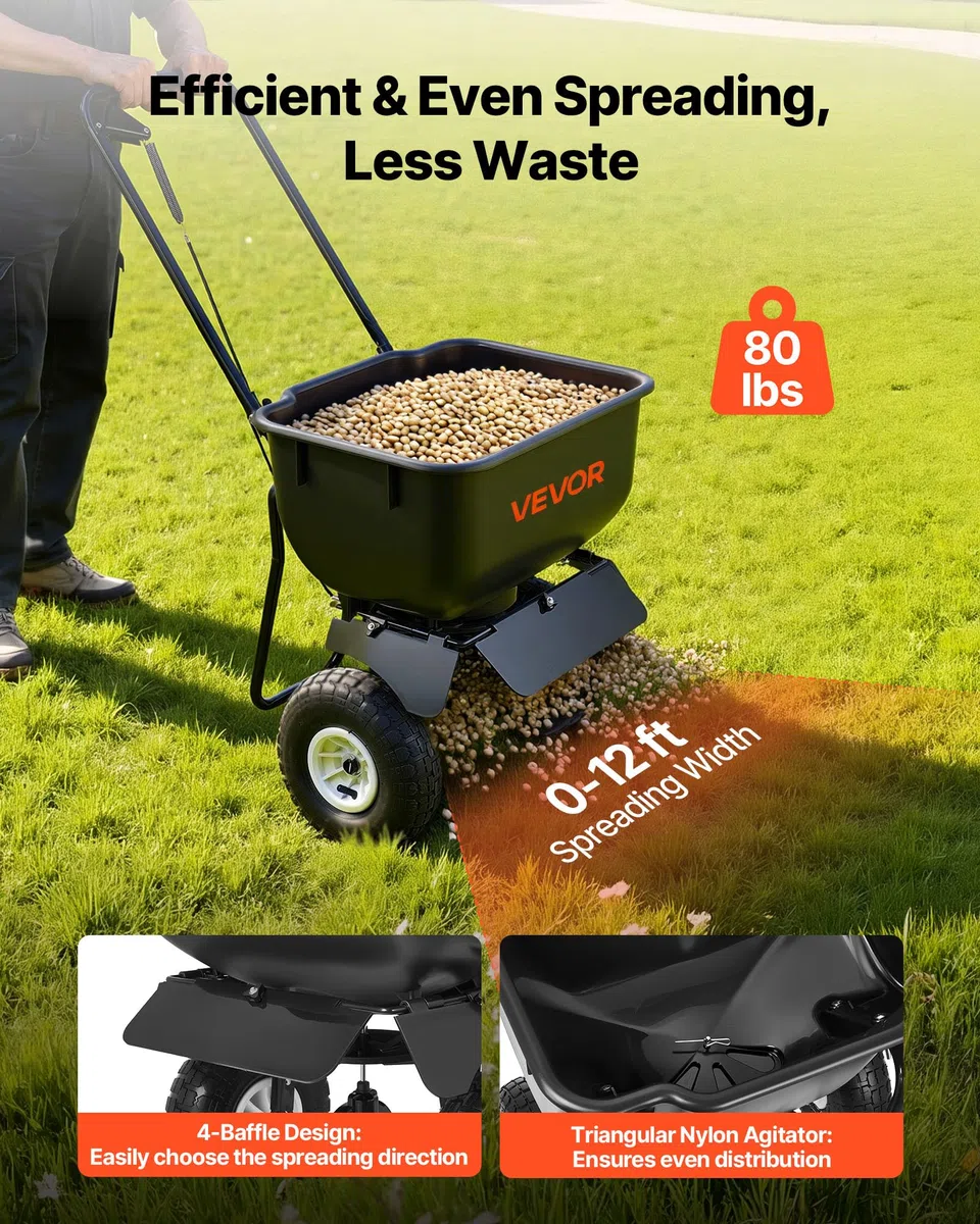 VEVOR Carro Esparcidor Manual, Ancho de Esparcimiento de 3,6 m, Sembradora de Semillas, Capacidad de Carga 36,3 kg, Distribuidor para Abono Turba Fertilizante Cal y Sal Arena, para Jardín Carretera