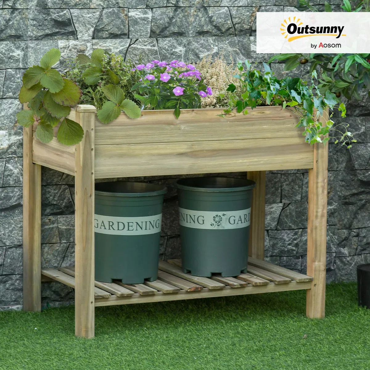Outsunny Huerto Urbano de Madera con Estante Mesa de Cultivo Rectangular con Orificios de Drenaje para Cultivos Plantas Jardín Terraza Exterior Carga 80 kg 91x51x76 cm Natural