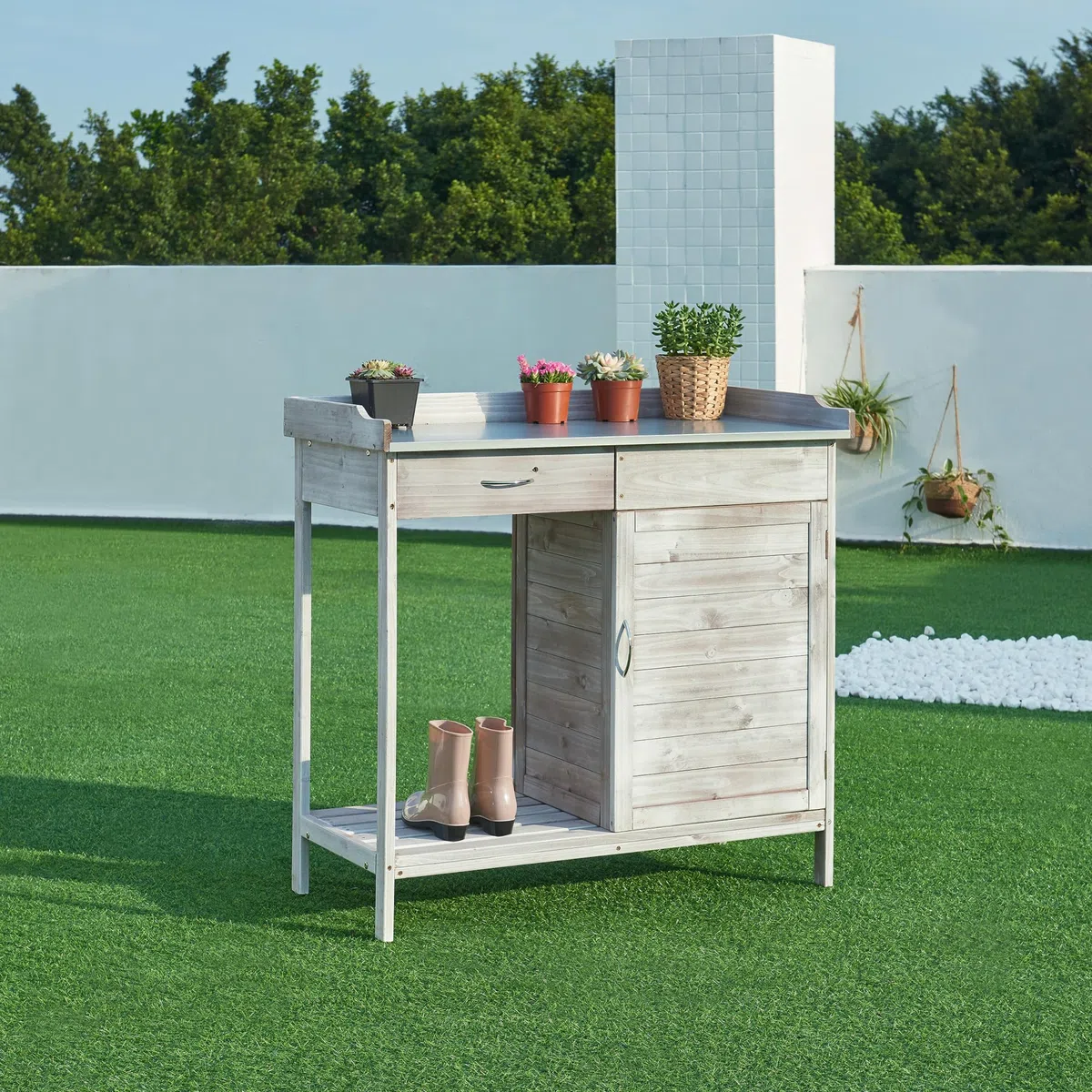 casa.pro Mesa de Jardinería Aliano con 2 Compartimentos Cerrados 1 Cajón Extraíble Mesa Auxiliar Jardín para Plantación Mesa de Cultivo Madera de Abeto Acero 98x48x94 cm - Gris