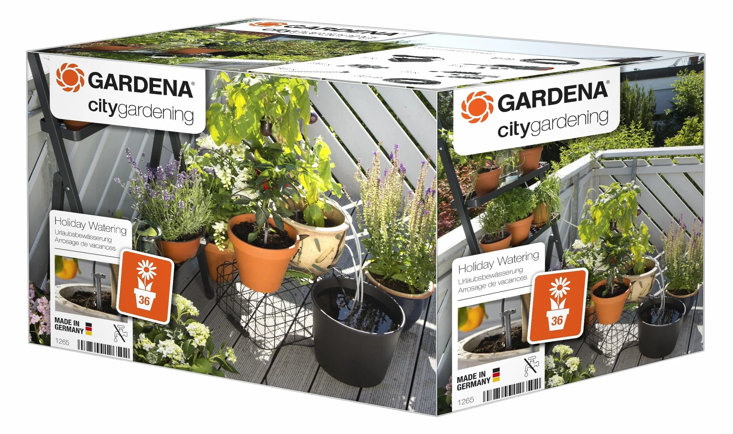 Gardena Riego en vacaciones, City gardening set de riego para un máximo de 36 plantas, Color Negro/Gris/Naranja