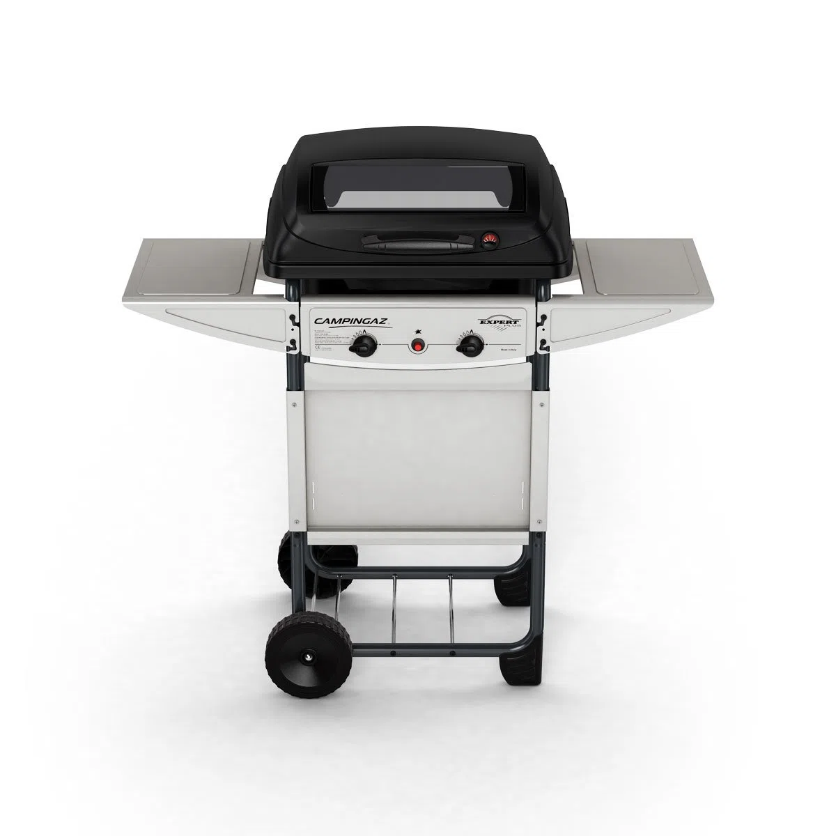 Campingaz Expert Plus Barbacoa gas piedra volcanica, parrilla gas con dos quemadores compactos, 7 kW de potencia, parrilla de acero y mesas laterales, Color Negro, Gris