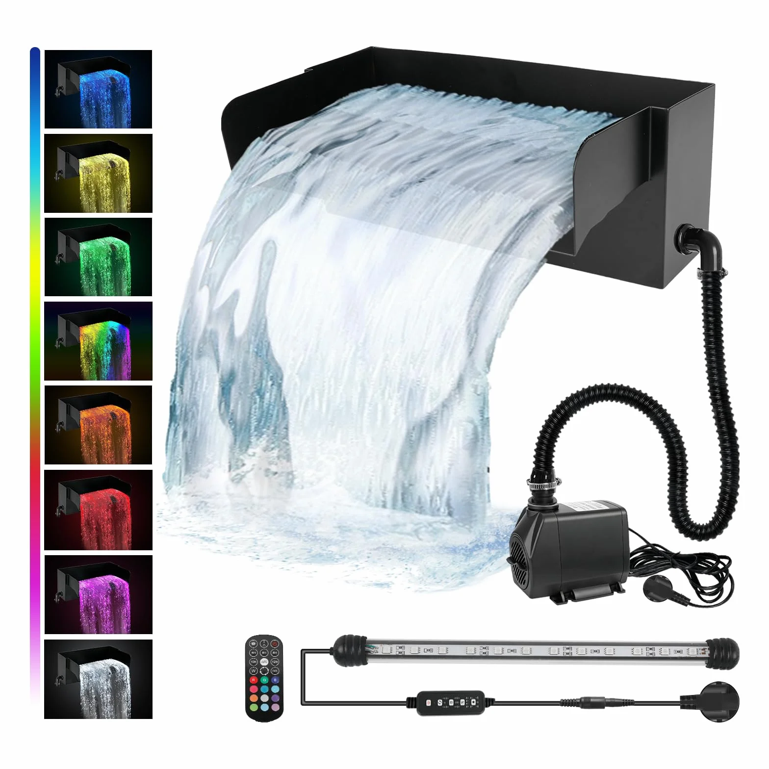 Estanque cascada Spillway de 30 cm, color negro, acero inoxidable, filtro para estanque de jardín, estanque, 30 cm, 45 W, 3000 L/H, con bomba y luz LED para juego de agua, patio, terraza, pared de
