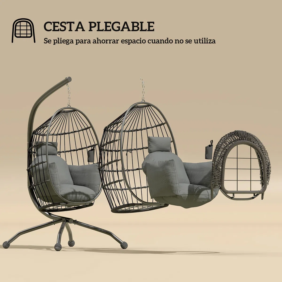 Outsunny Silla Colgante Huevo con Soporte Columpio Jardín Exterior con Cesta Plegable Cojín y Reposacabezas Portavaso Columpio Colgante para Interior y Exterior Carga 120 kg Negro