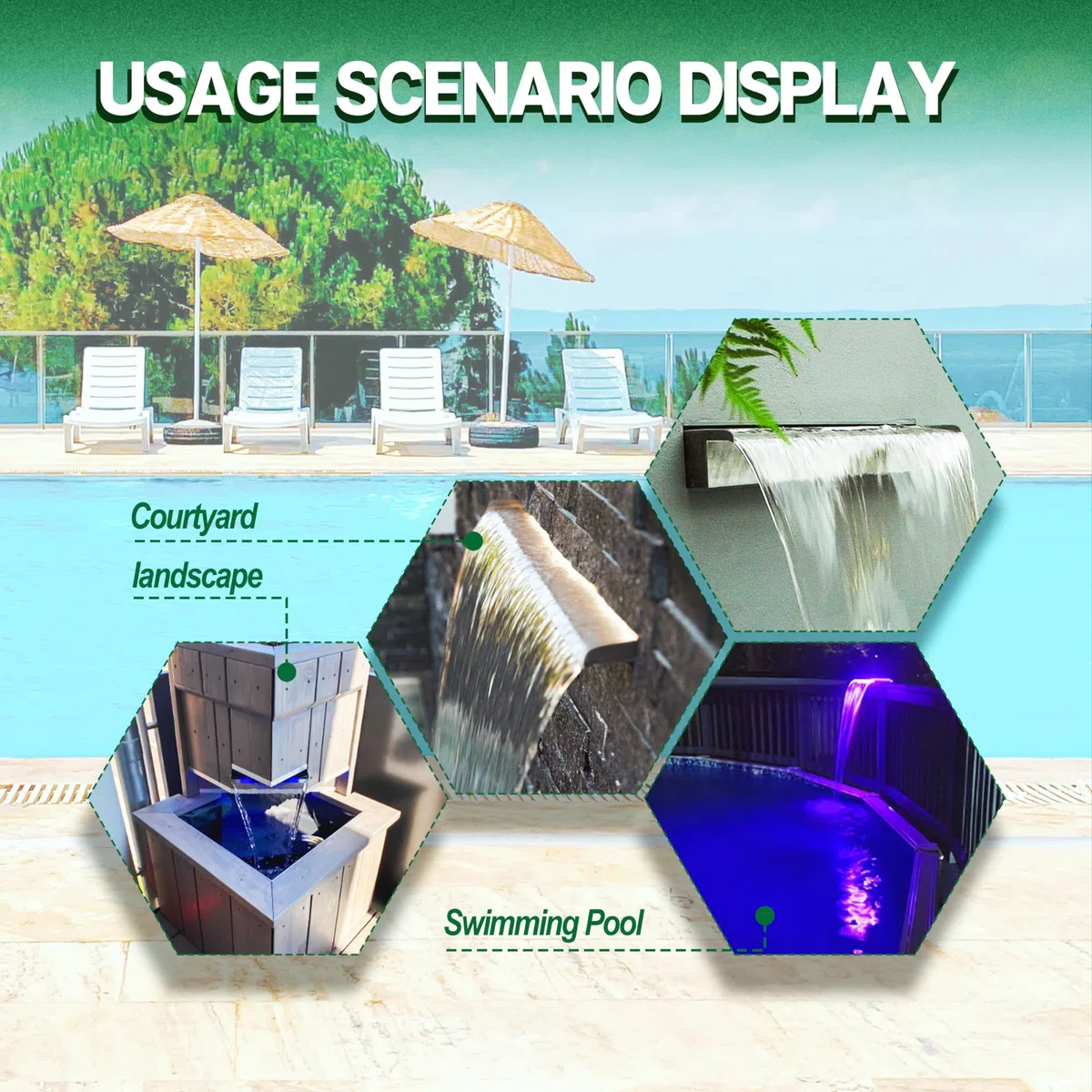 LONGRUN Kit de Cascada de Piscina de 90 cm, Fuente de Estanque de Acero Inoxidable 304, con luz LED RGB, Ancho 15 cm
